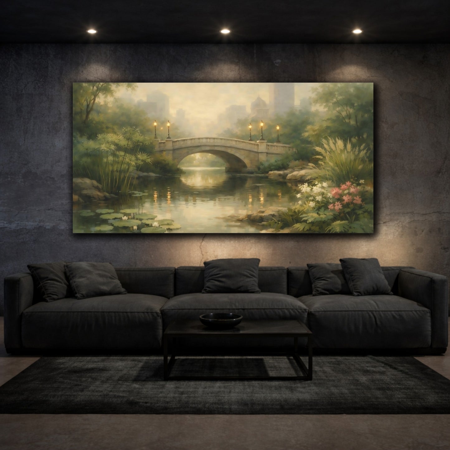 Mockup 2. Nature Stone Bridge Misty Park Bridge shown as stretched canvas wall art