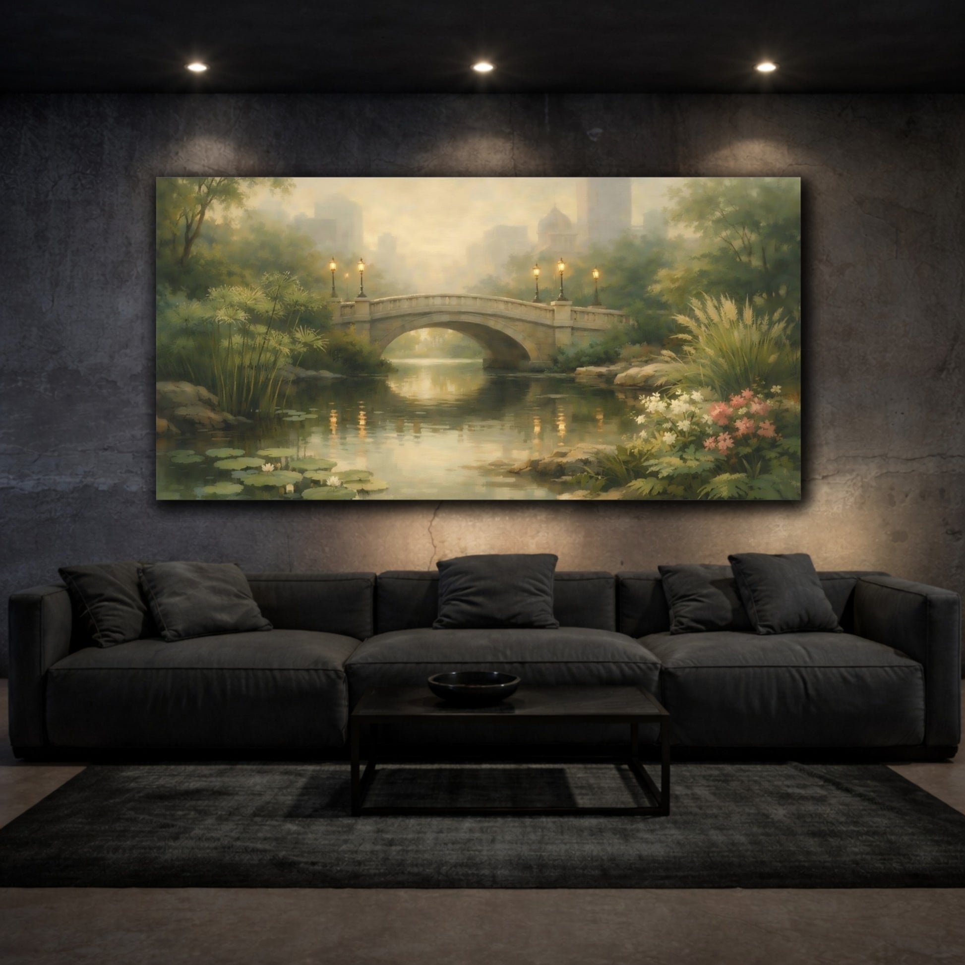 Mockup 2. Nature Stone Bridge Misty Park Bridge shown as stretched canvas wall art