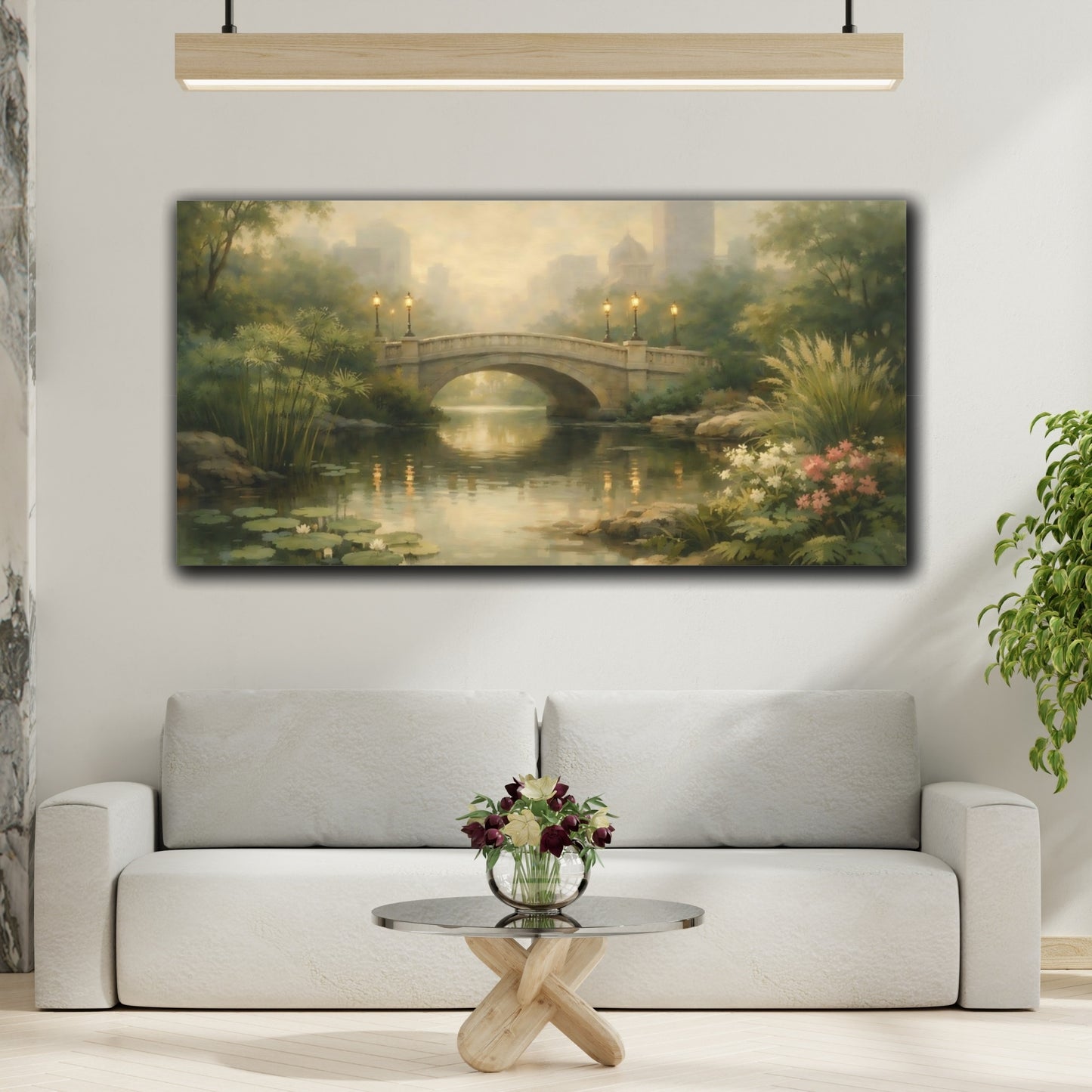 Mockup 3. Nature Stone Bridge Misty Park Bridge shown as stretched canvas wall art