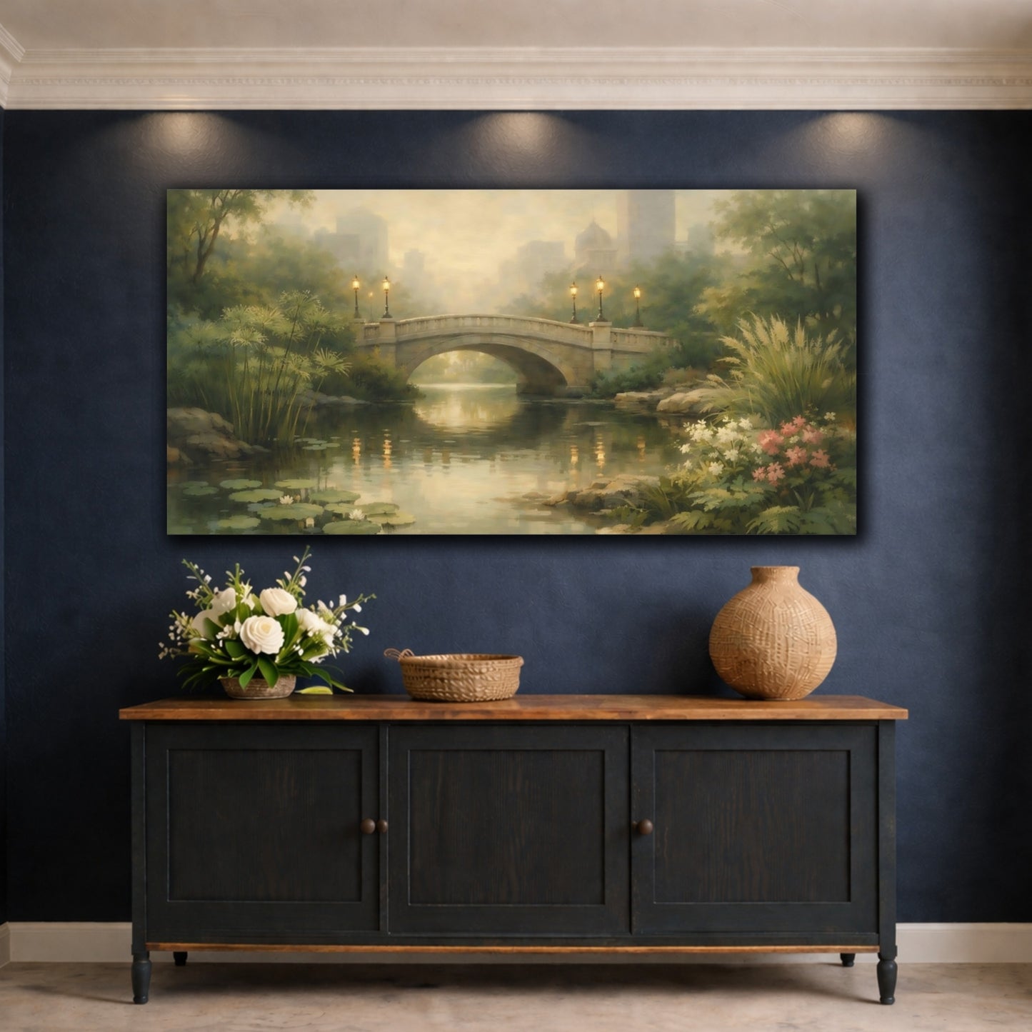 Mockup 4. Nature Stone Bridge Misty Park Bridge shown as stretched canvas wall art