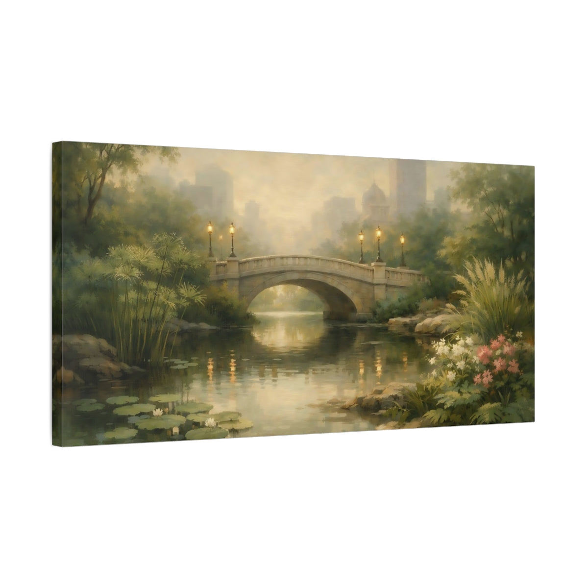 Side Mockup 2. Nature Stone Bridge Misty Park Bridge shown as stretched canvas wall art