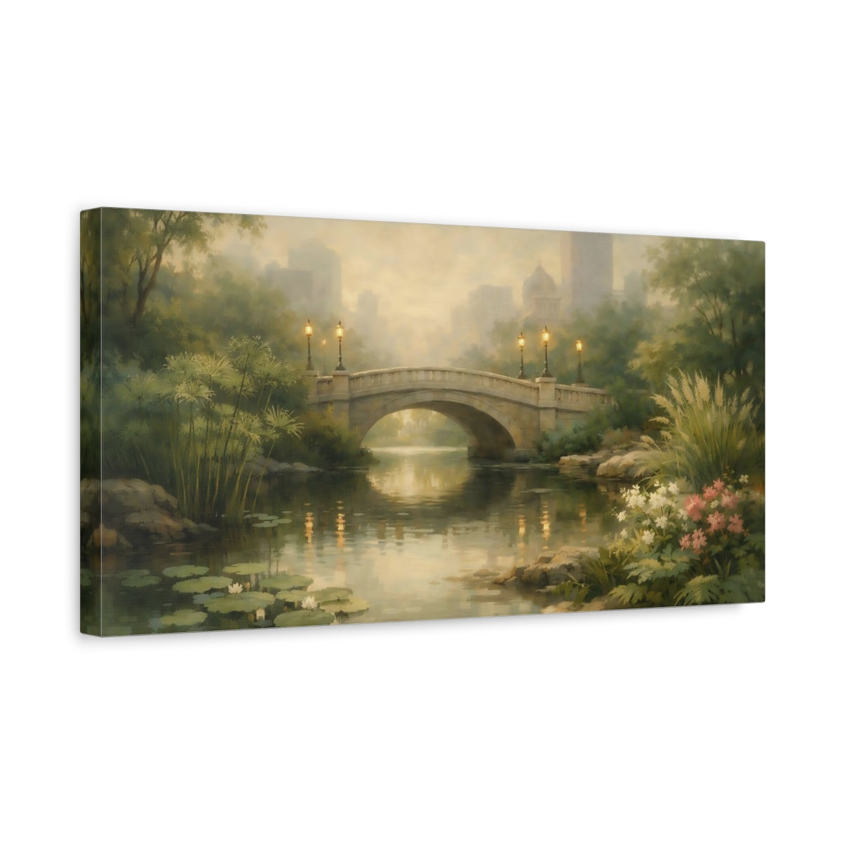 Side Mockup 3. Nature Stone Bridge Misty Park Bridge shown as stretched canvas wall art