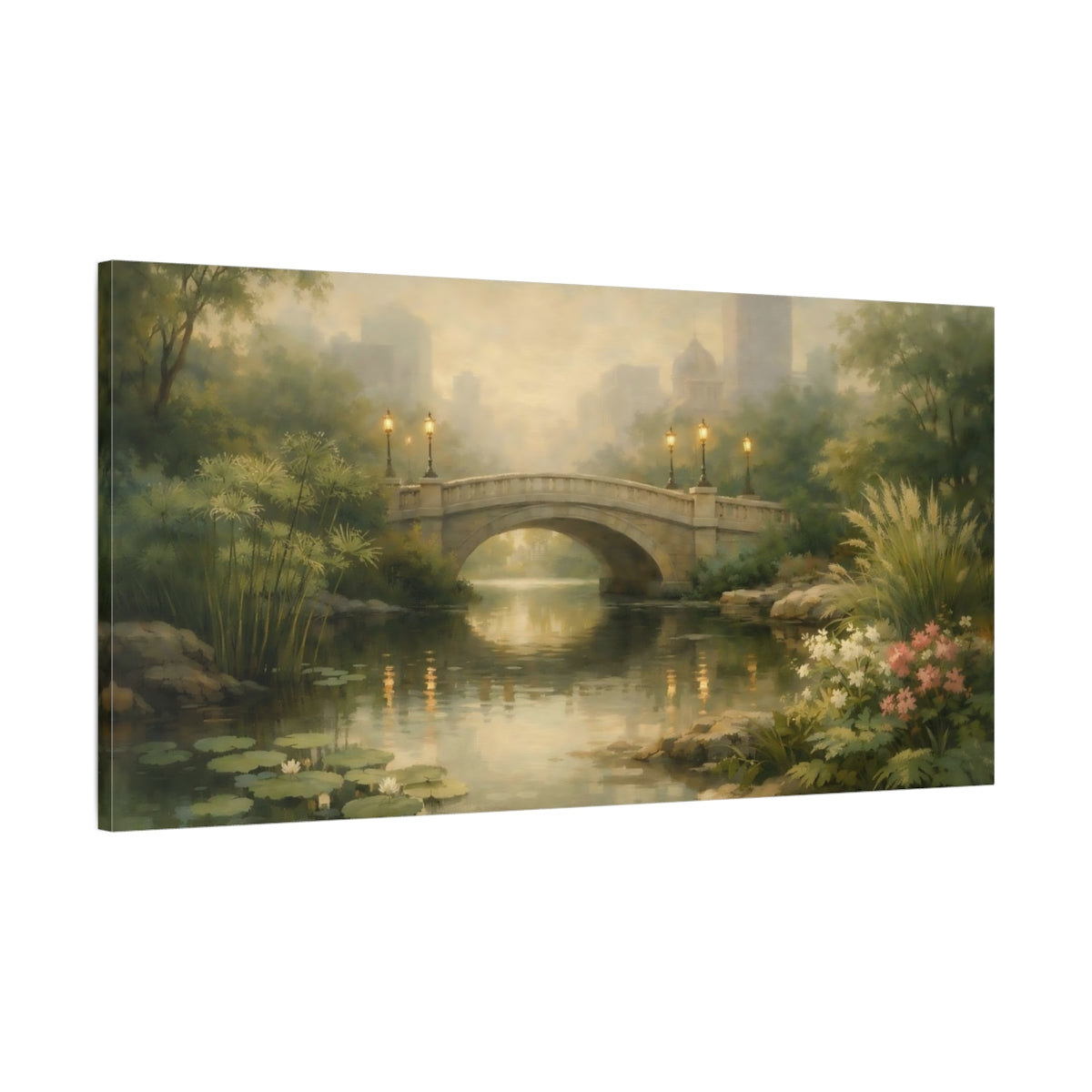 Side Mockup 1. Nature Stone Bridge Misty Park Bridge shown as stretched canvas wall art