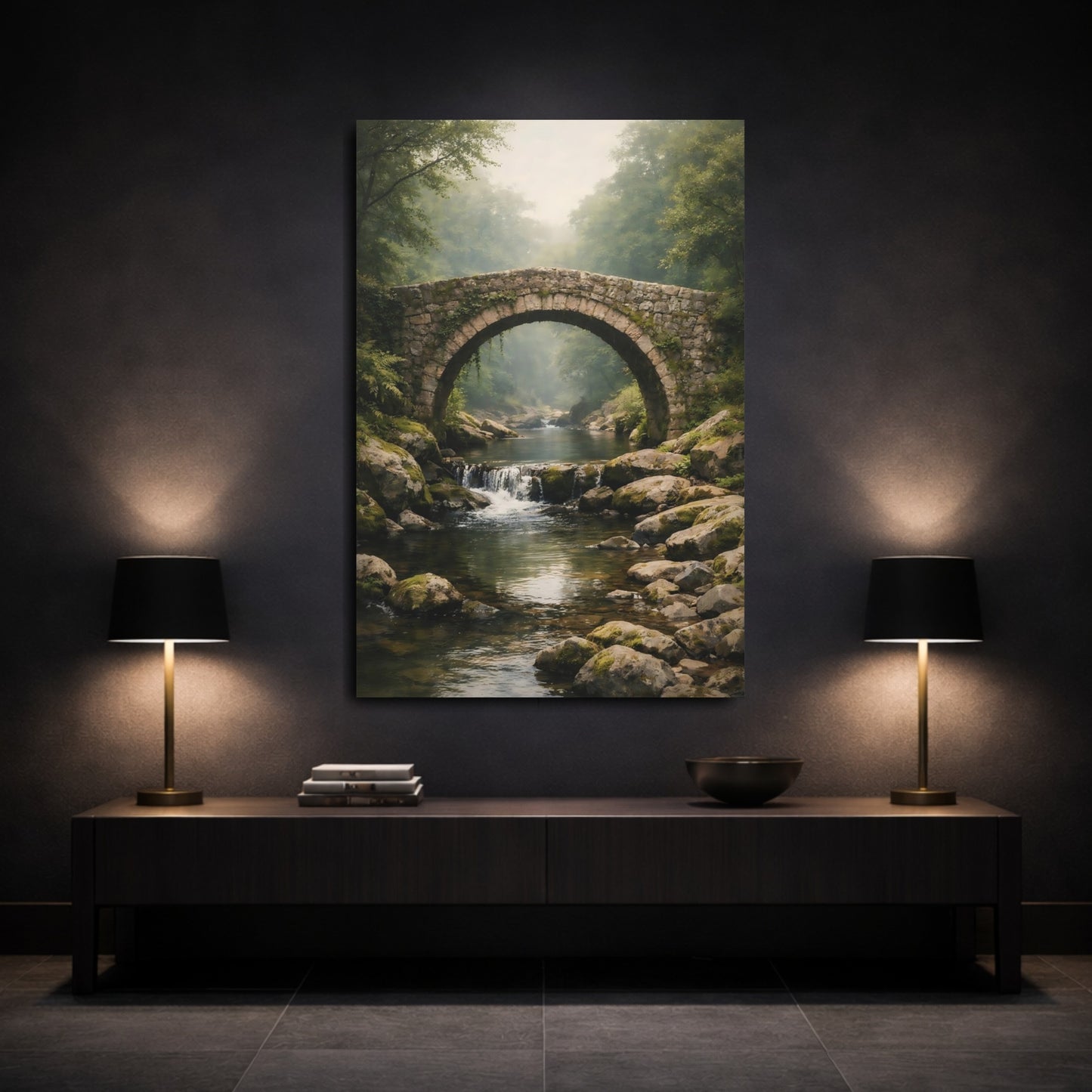 Mockup 2. Nature Stone Bridge Misty Stone Bridge shown as stretched canvas wall art