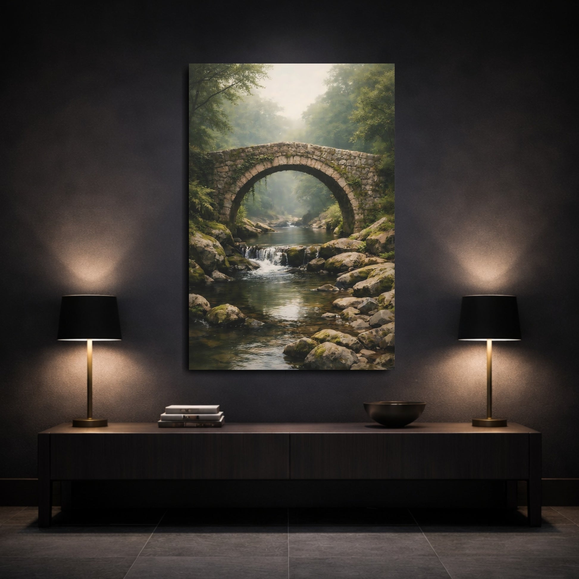 Mockup 2. Nature Stone Bridge Misty Stone Bridge shown as stretched canvas wall art