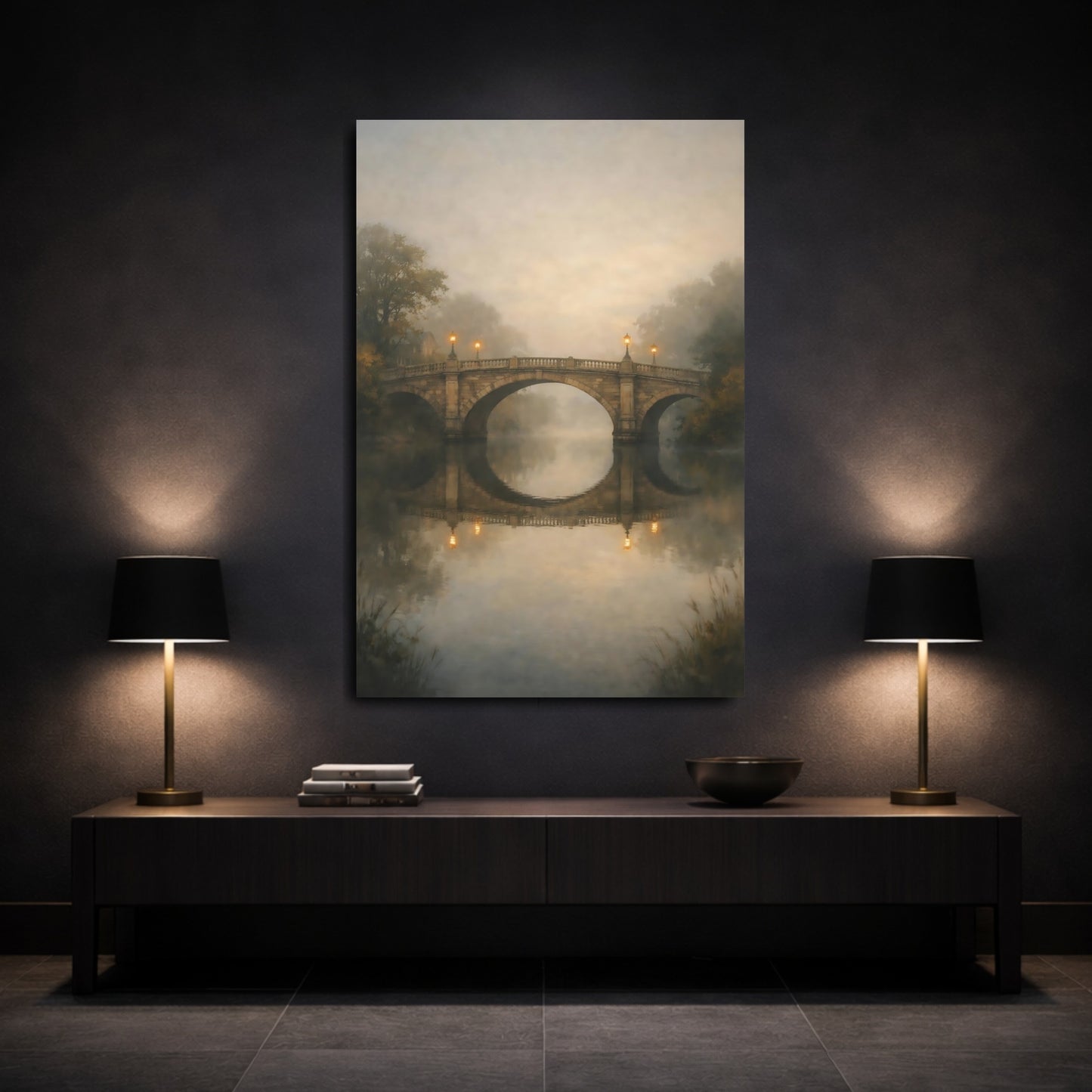 Mockup 2. Nature Stone Bridge Misty Stone Bridge shown as stretched canvas wall art