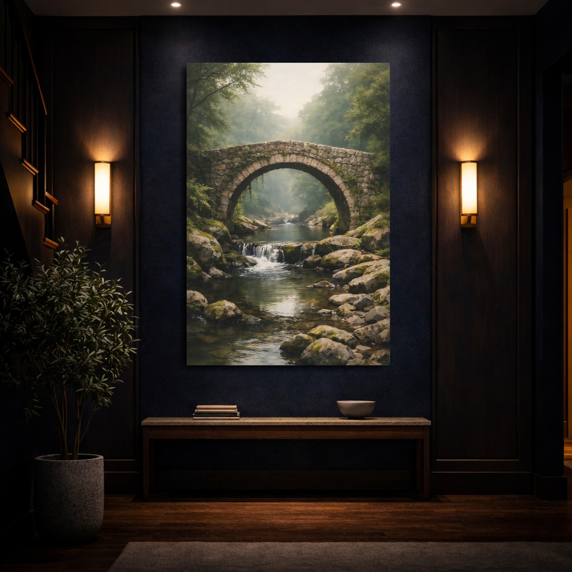 Mockup 3. Nature Stone Bridge Misty Stone Bridge shown as stretched canvas wall art