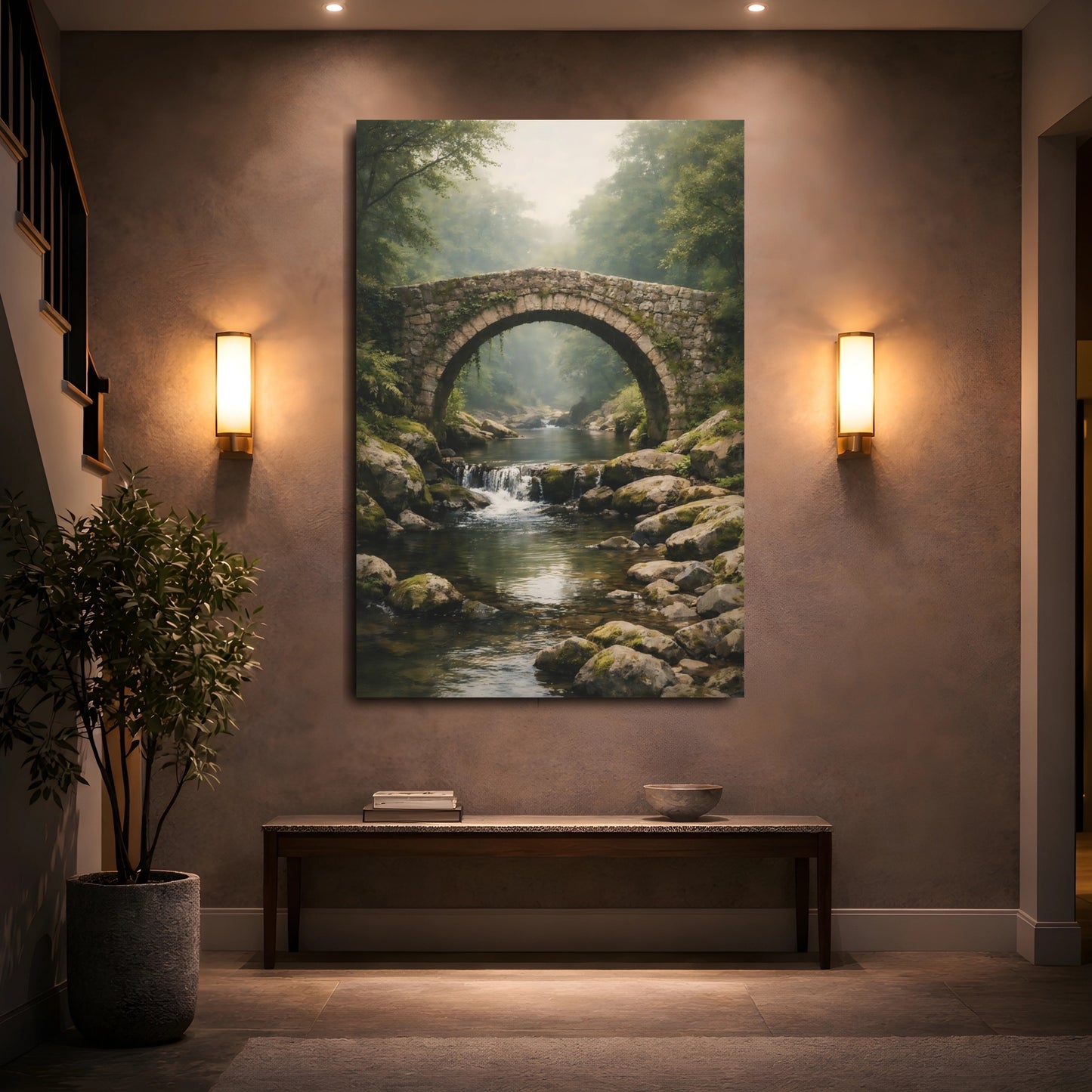 Mockup 4. Nature Stone Bridge Misty Stone Bridge shown as stretched canvas wall art