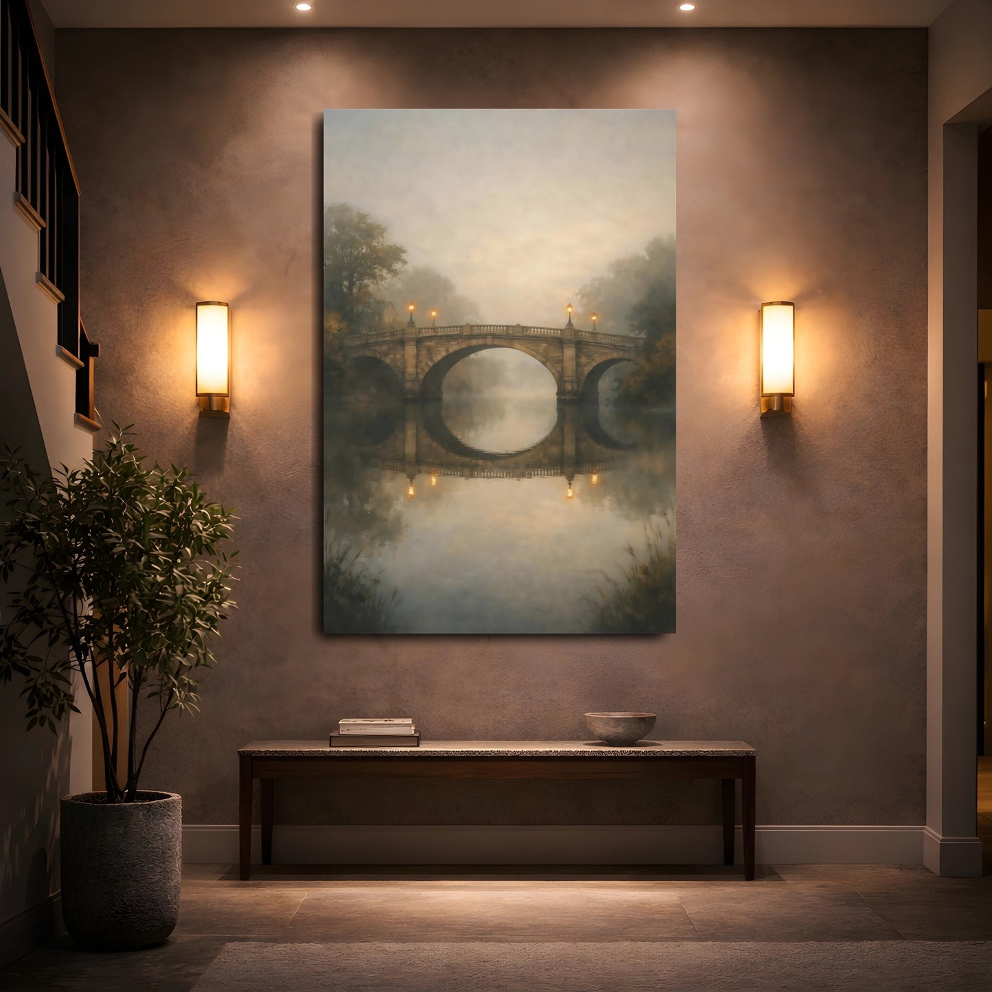 Mockup 4. Nature Stone Bridge Misty Stone Bridge shown as stretched canvas wall art