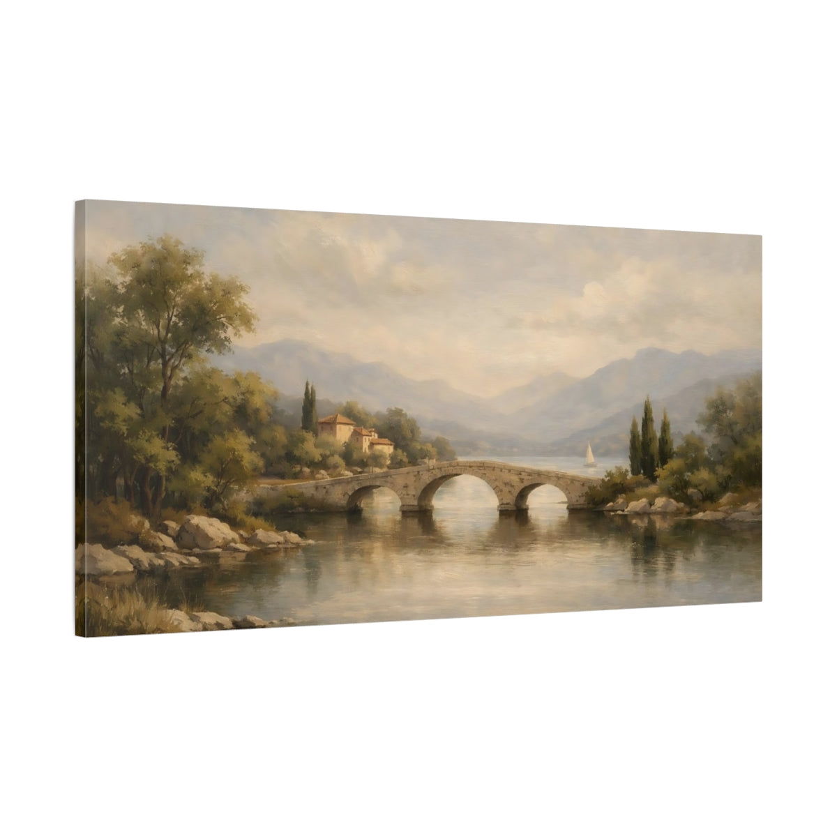 Side Mockup 1. Nature Stone Bridge Muted Landscape shown as stretched canvas wall art