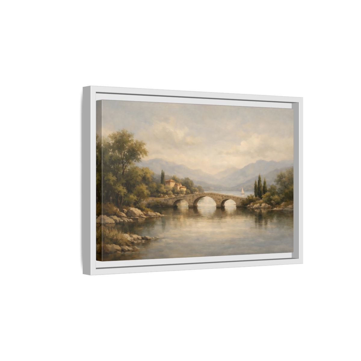 Side Mockup 4. Nature Stone Bridge Muted Landscape shown as stretched canvas wall art
