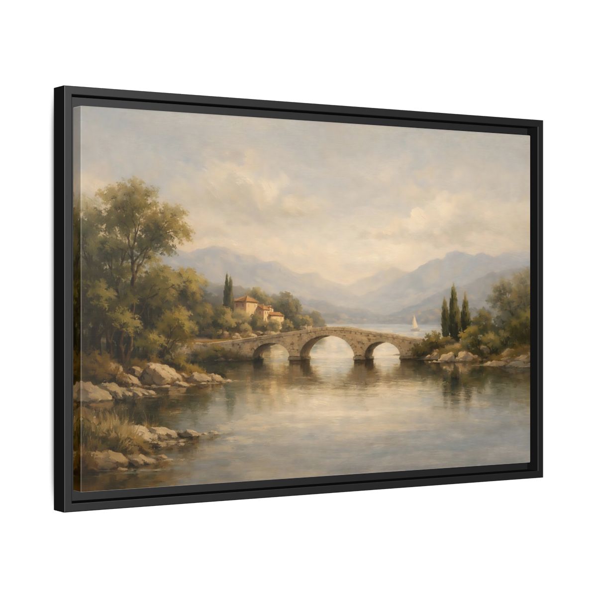Side Mockup 14. Nature Stone Bridge Muted Landscape shown as stretched canvas wall art