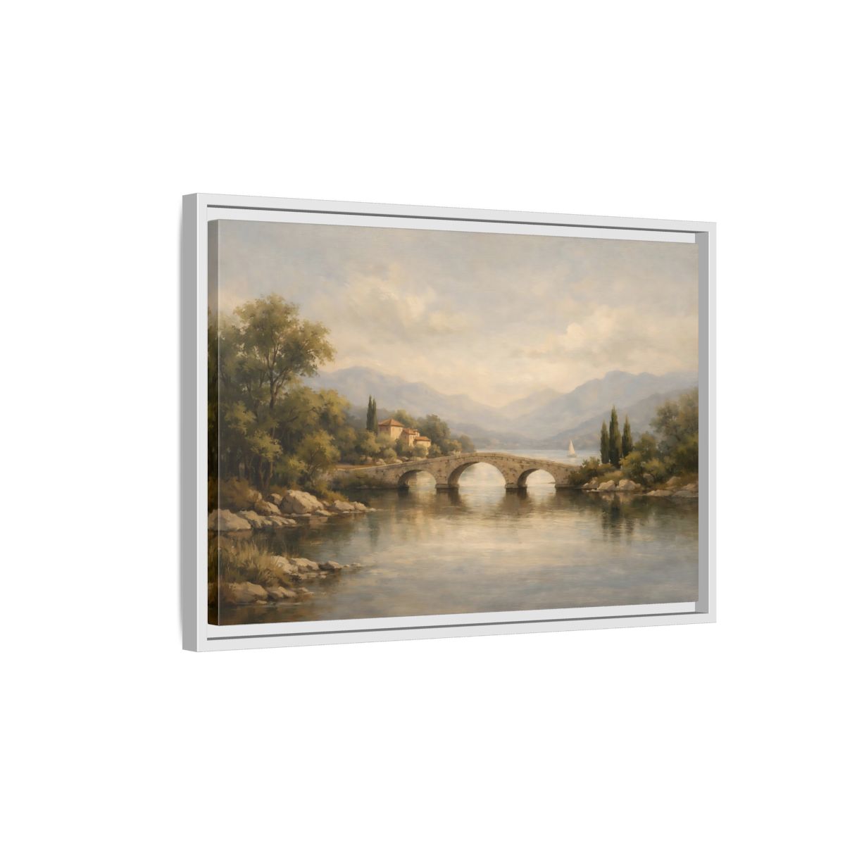 Side Mockup 1. Nature Stone Bridge Muted Landscape shown as stretched canvas wall art