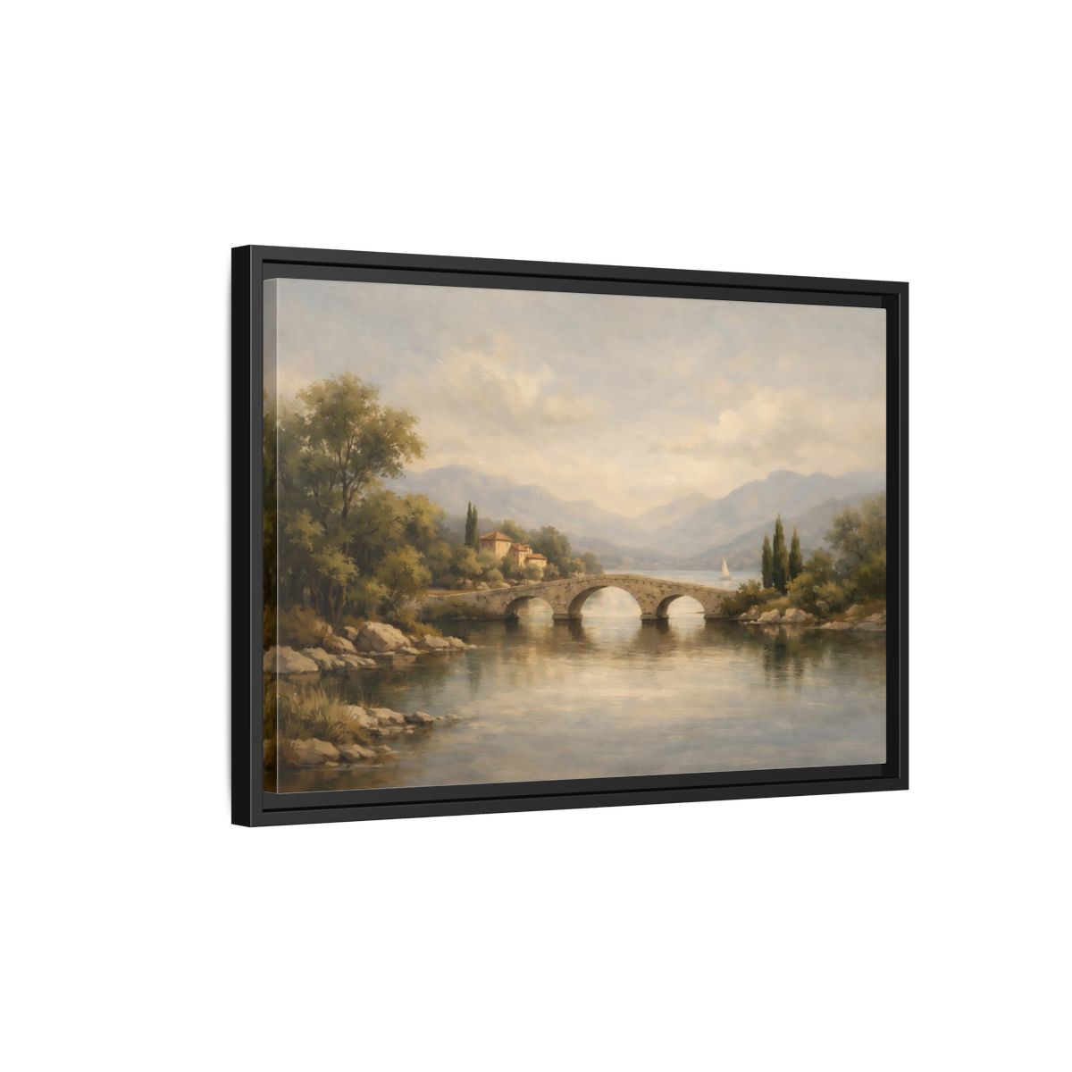 Side Mockup 3. Nature Stone Bridge Muted Landscape shown as stretched canvas wall art