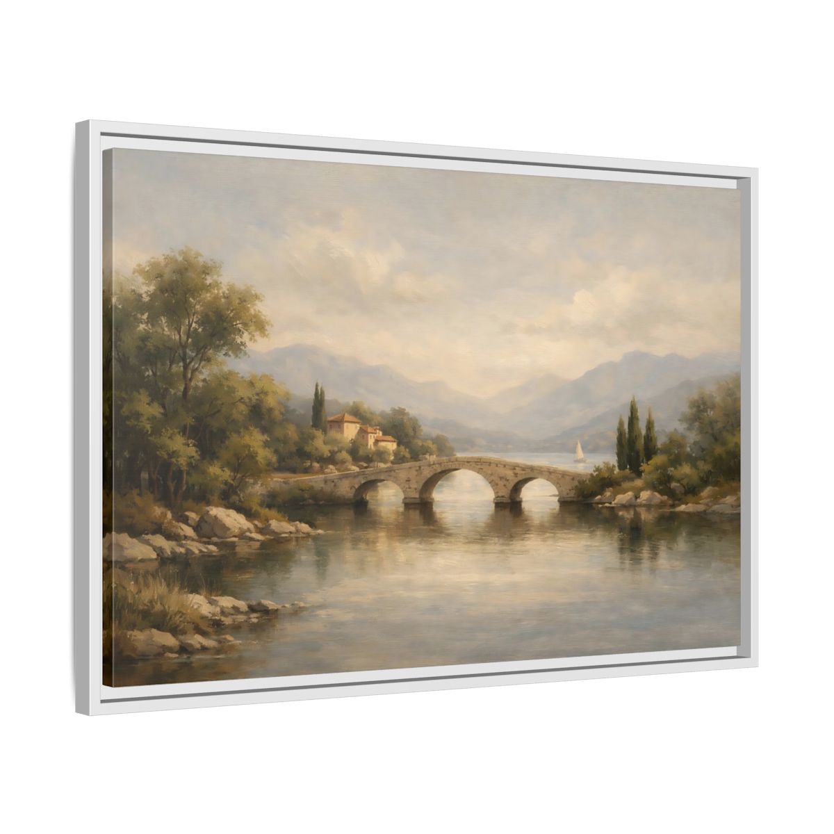 Side Mockup 10. Nature Stone Bridge Muted Landscape shown as stretched canvas wall art