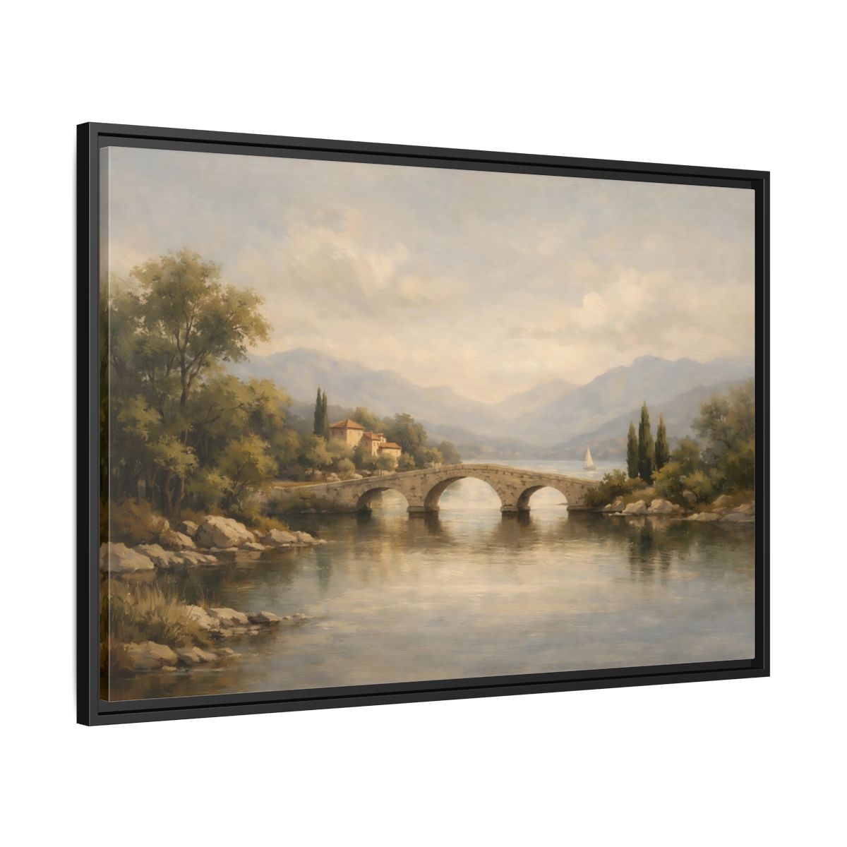 Side Mockup 13. Nature Stone Bridge Muted Landscape shown as stretched canvas wall art