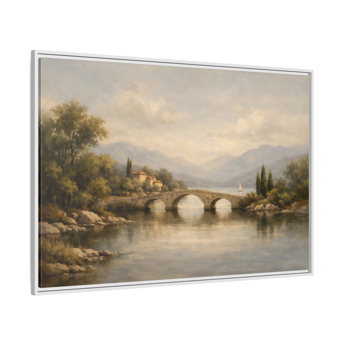 Side Mockup 7. Nature Stone Bridge Muted Landscape shown as stretched canvas wall art