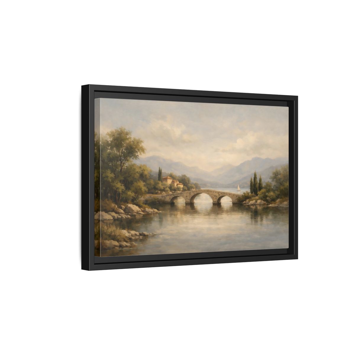 Side Mockup 6. Nature Stone Bridge Muted Landscape shown as stretched canvas wall art