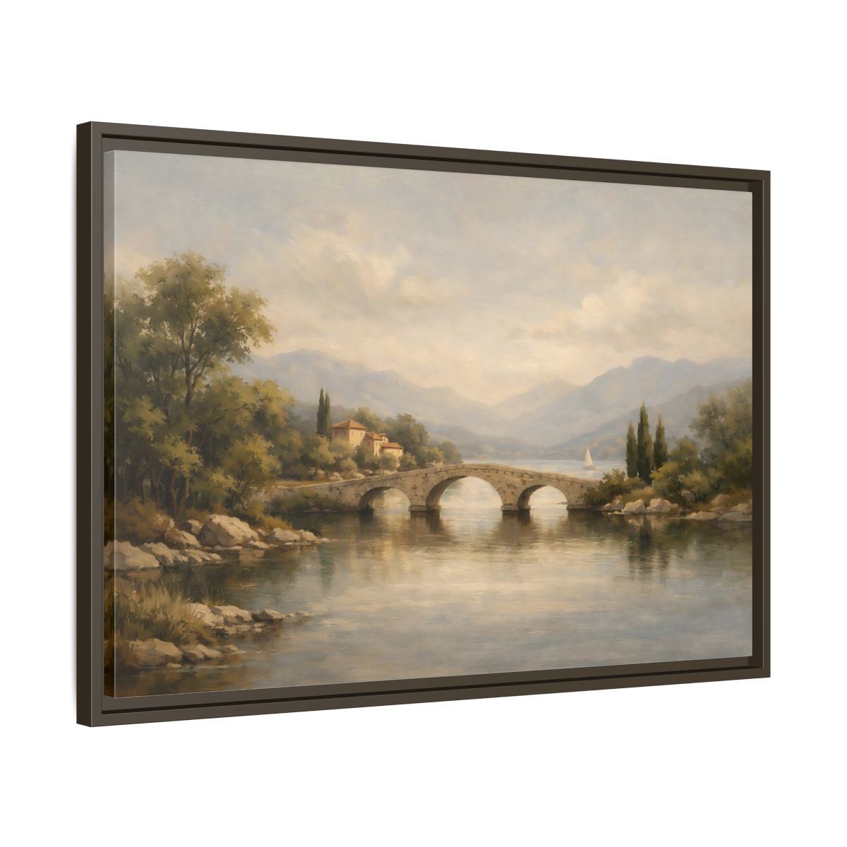 Side Mockup 11. Nature Stone Bridge Muted Landscape shown as stretched canvas wall art