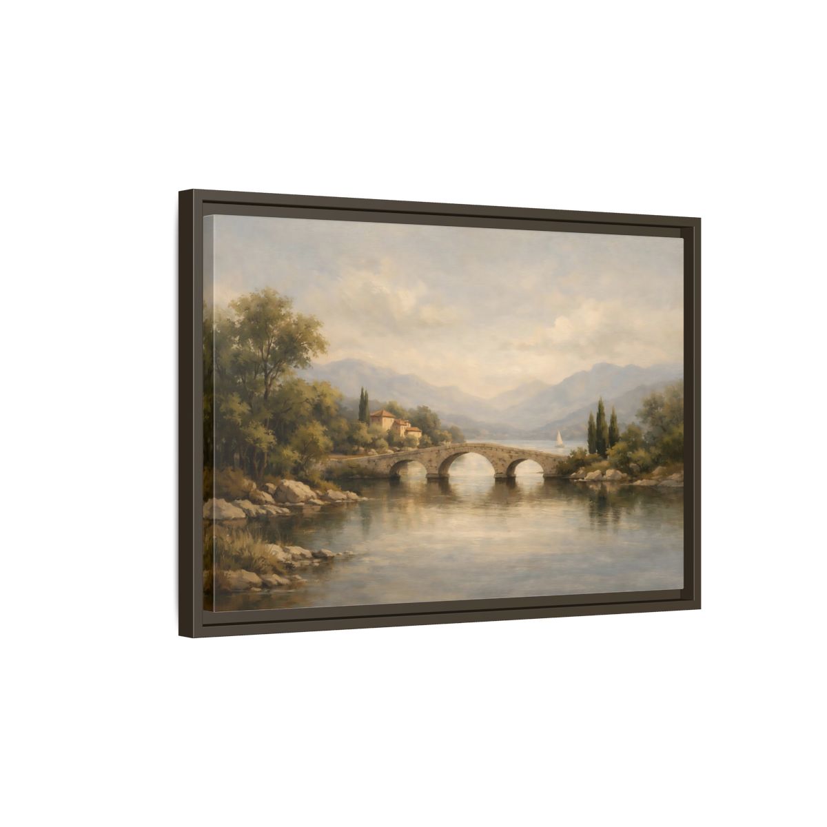 Side Mockup 2. Nature Stone Bridge Muted Landscape shown as stretched canvas wall art