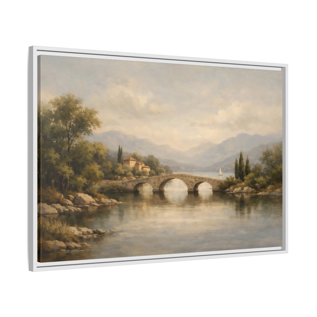 Side Mockup 8. Nature Stone Bridge Muted Landscape shown as stretched canvas wall art