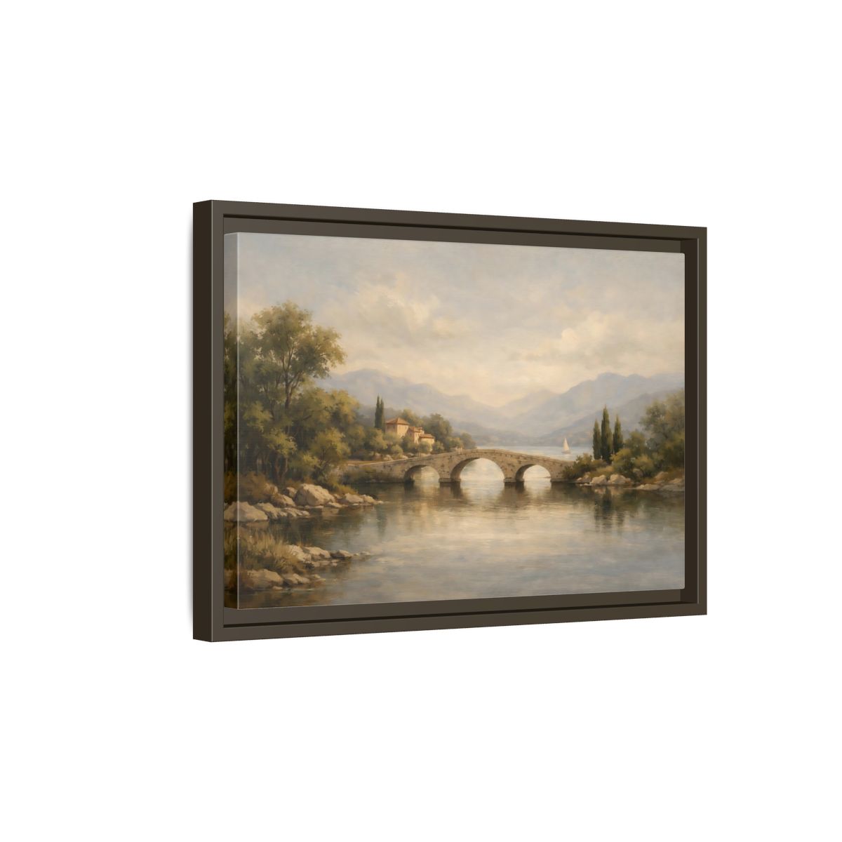 Side Mockup 5. Nature Stone Bridge Muted Landscape shown as stretched canvas wall art