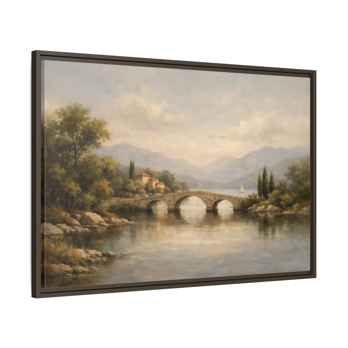 Side Mockup 9. Nature Stone Bridge Muted Landscape shown as stretched canvas wall art