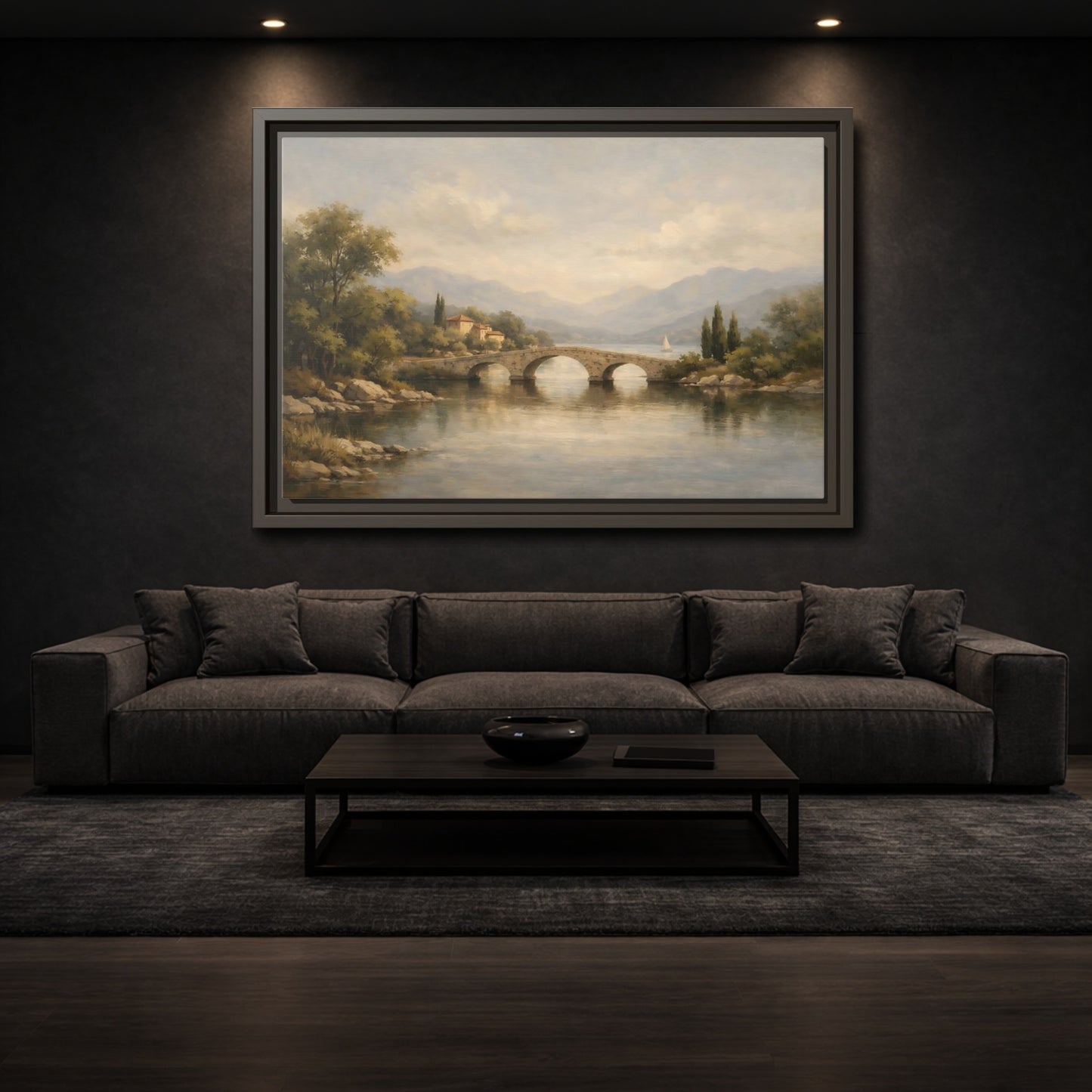 Mockup 2. Nature Stone Bridge Muted Landscape shown as stretched canvas wall art