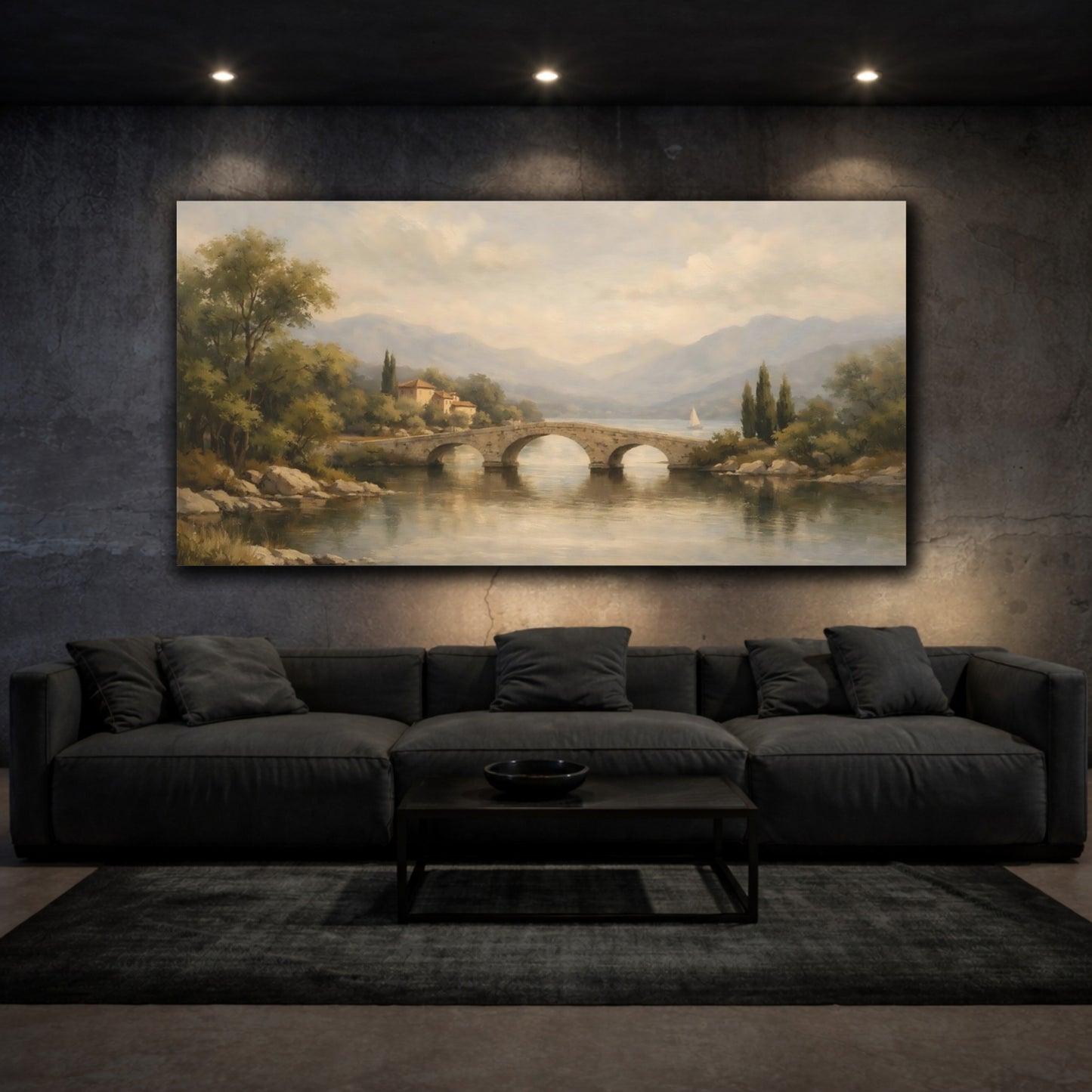 Mockup 2. Nature Stone Bridge Muted Landscape shown as stretched canvas wall art