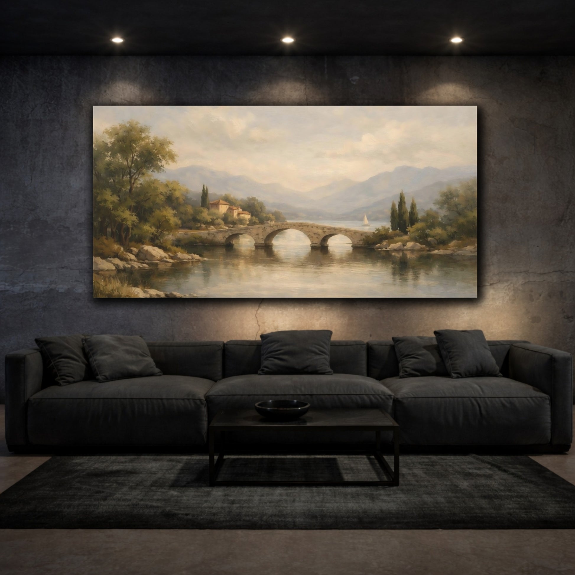 Mockup 2. Nature Stone Bridge Muted Landscape shown as stretched canvas wall art