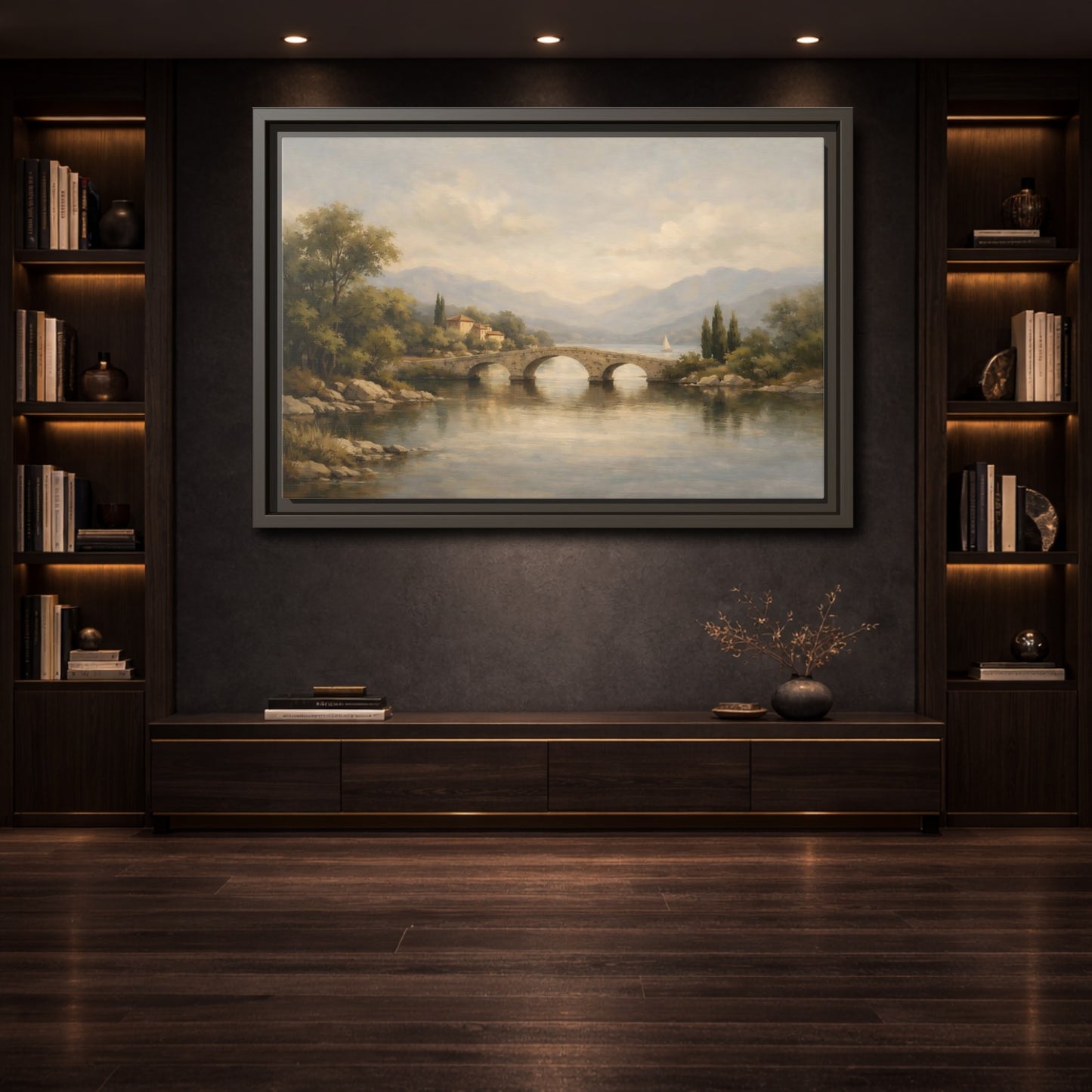 Mockup 3. Nature Stone Bridge Muted Landscape shown as stretched canvas wall art