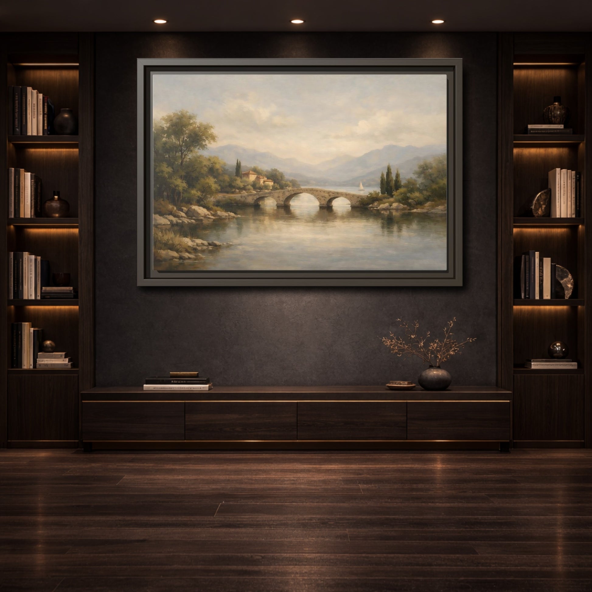 Mockup 3. Nature Stone Bridge Muted Landscape shown as stretched canvas wall art
