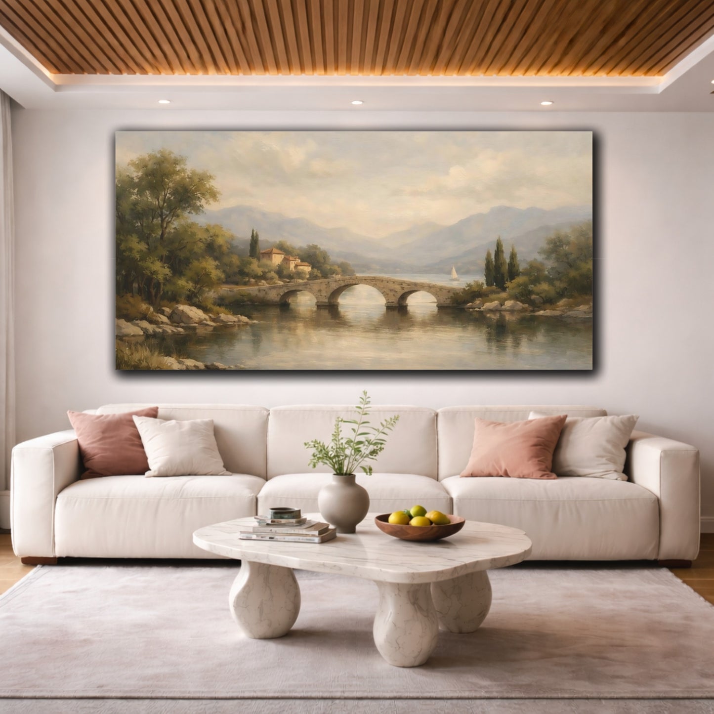 Mockup 3. Nature Stone Bridge Muted Landscape shown as stretched canvas wall art