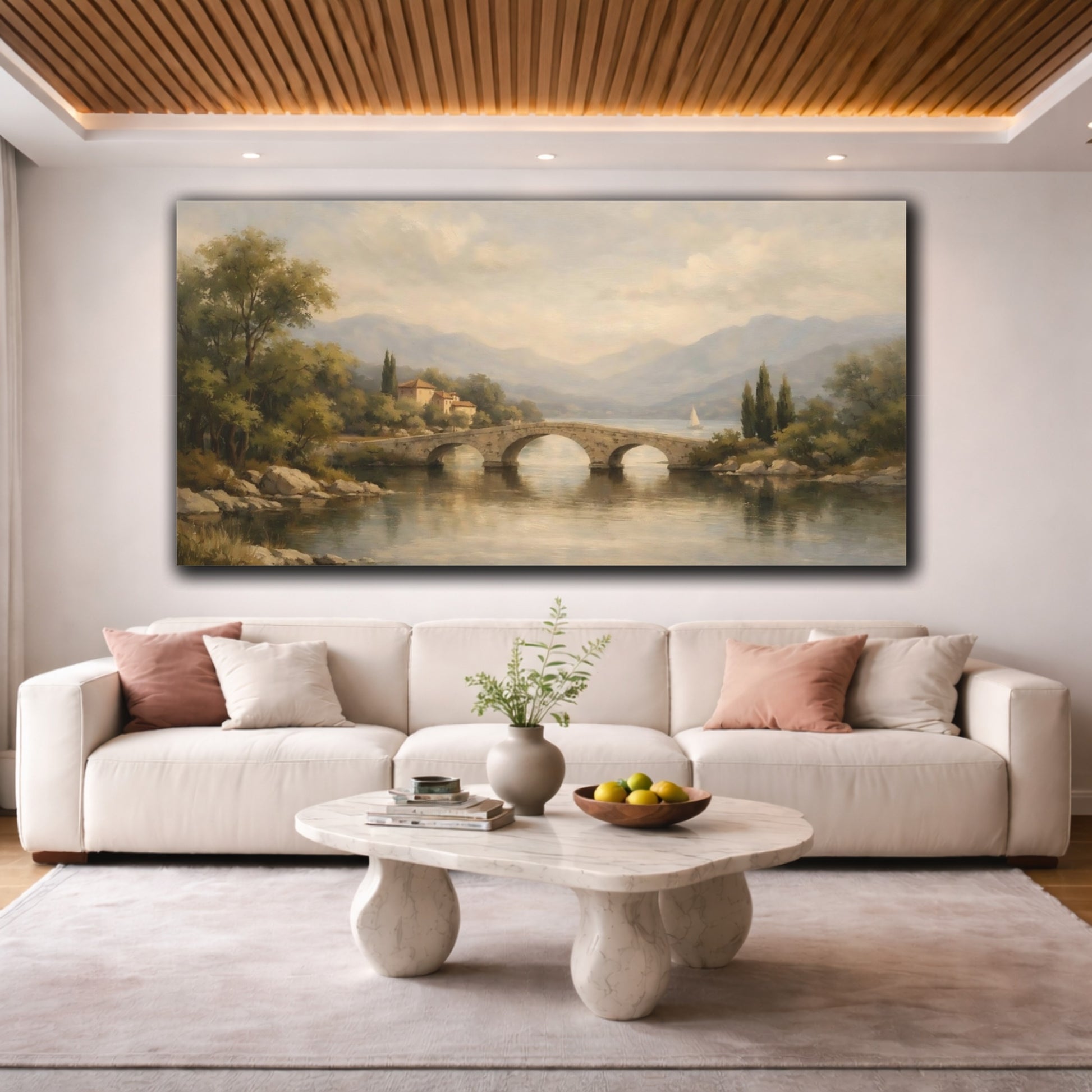 Mockup 3. Nature Stone Bridge Muted Landscape shown as stretched canvas wall art