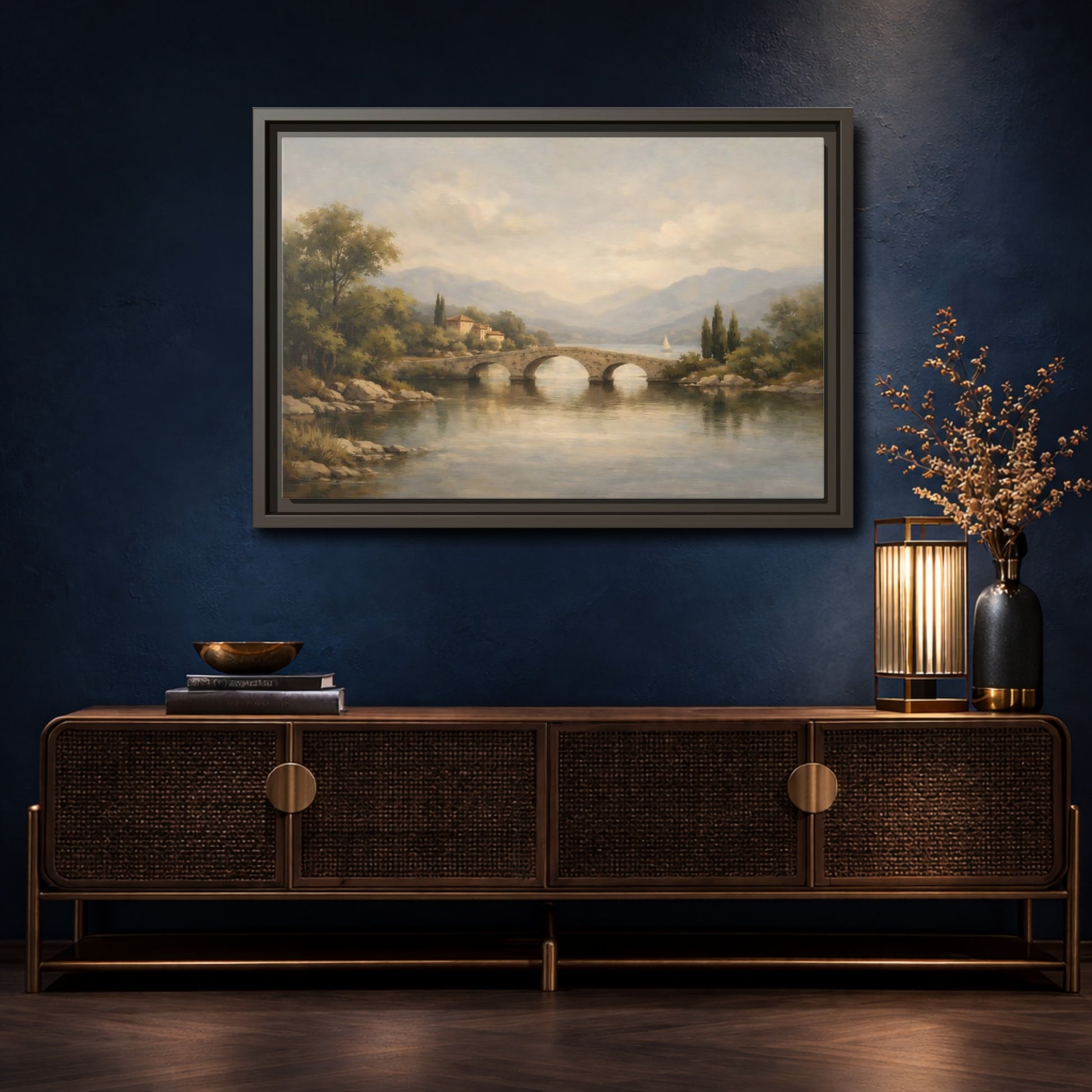 Mockup 4. Nature Stone Bridge Muted Landscape shown as stretched canvas wall art