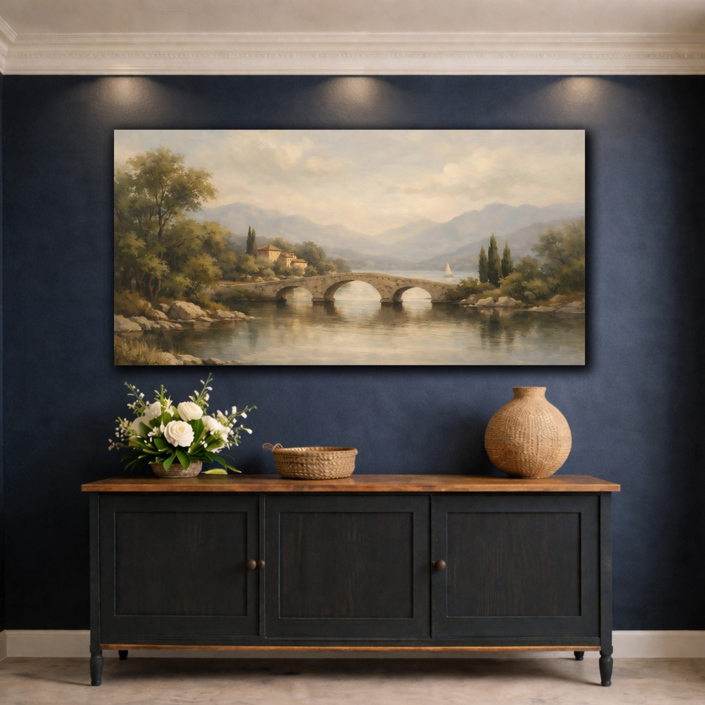 Mockup 4. Nature Stone Bridge Muted Landscape shown as stretched canvas wall art