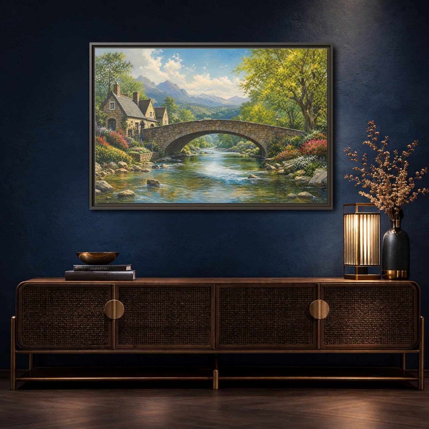 Nature Stone Bridge Scene Framed Canvas Wall Art Print – Living Room Decor, Above Fireplace - YesArtYes