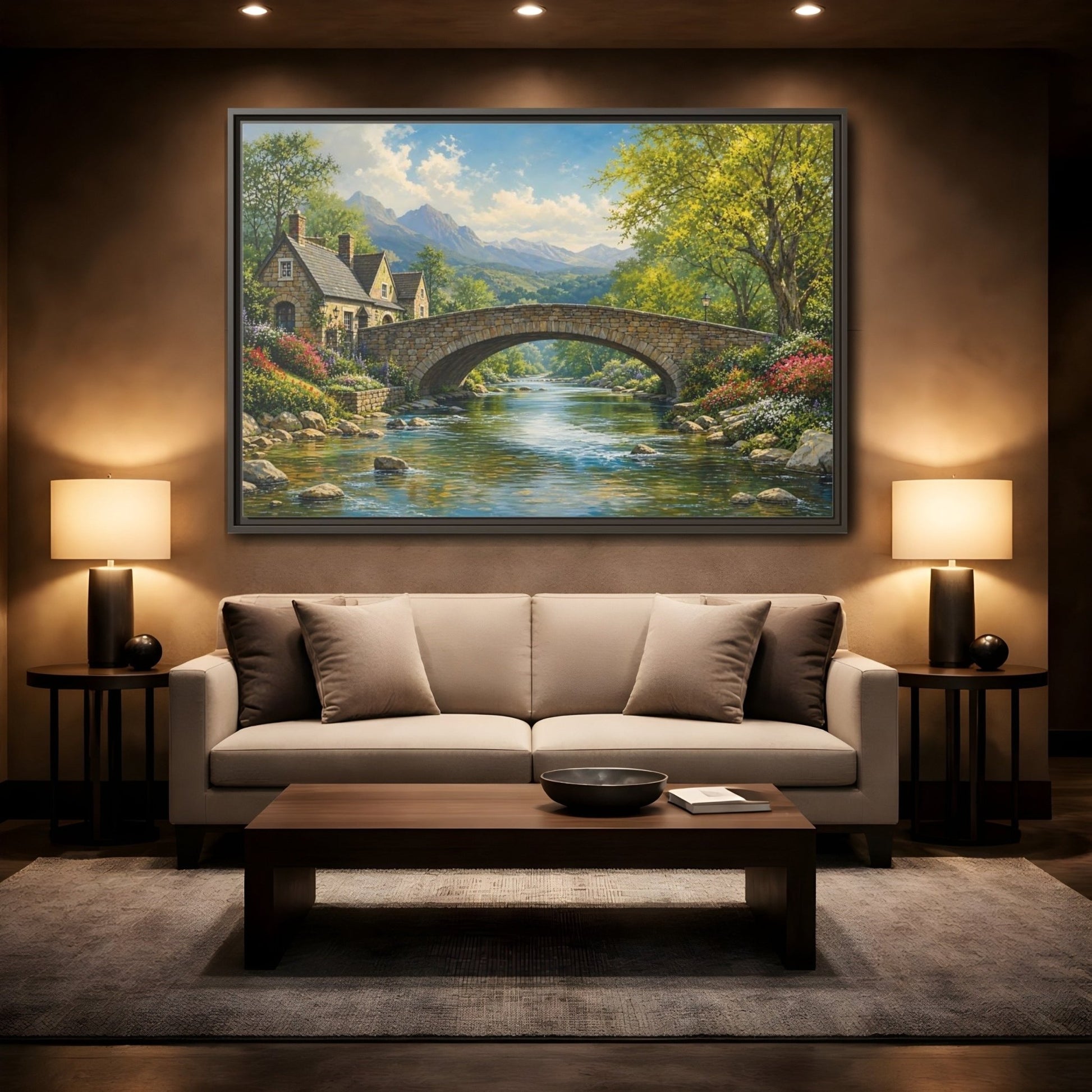 Nature Stone Bridge Scene Framed Canvas Wall Art Print – Living Room Decor, Above Fireplace - YesArtYes
