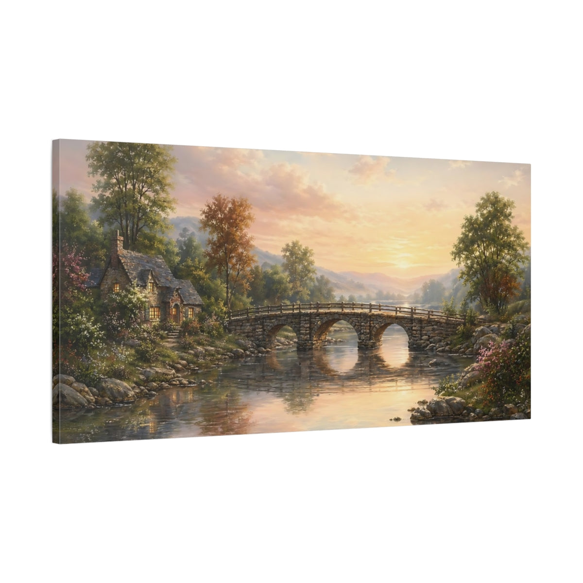 Main Mockup. Nature Stone Bridge Sunset River Landscape shown as stretched canvas wall art