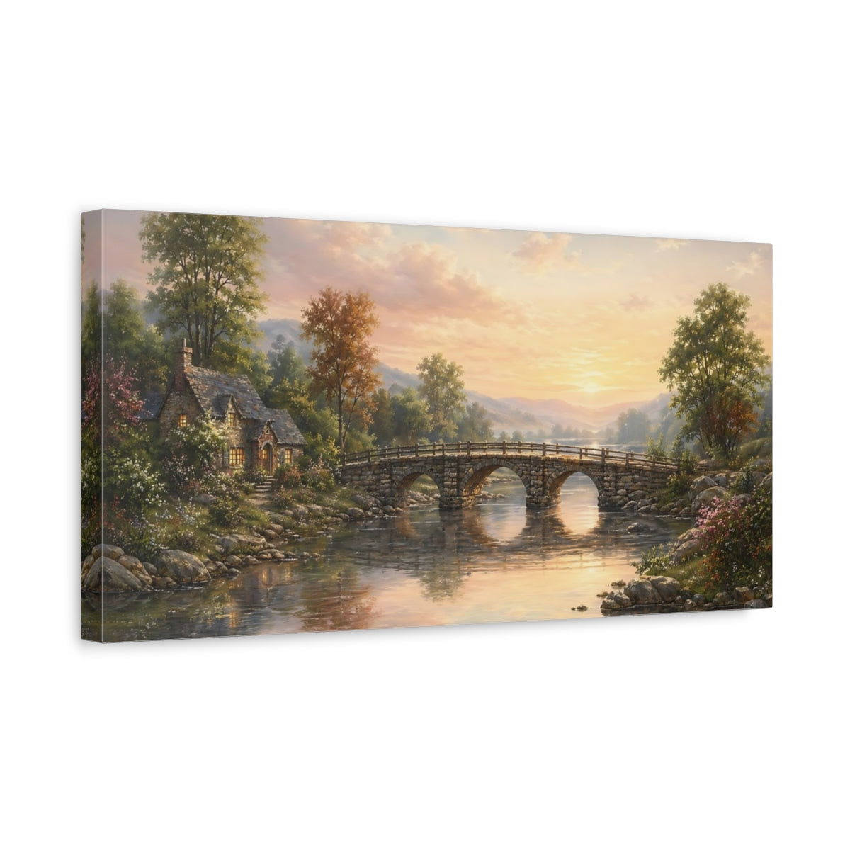 Side Mockup 3. Nature Stone Bridge Sunset River Landscape shown as stretched canvas wall art