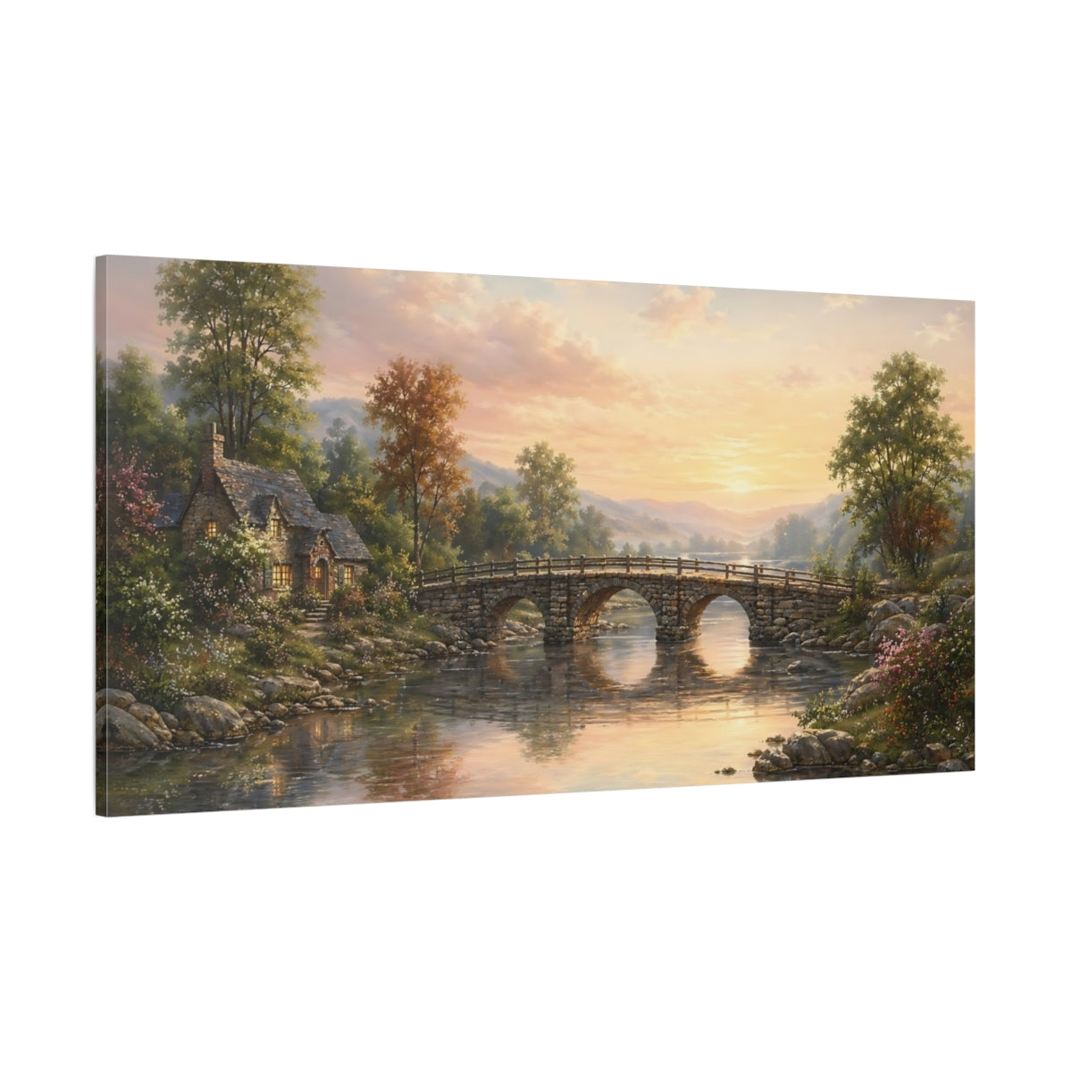 Side Mockup 2. Nature Stone Bridge Sunset River Landscape shown as stretched canvas wall art