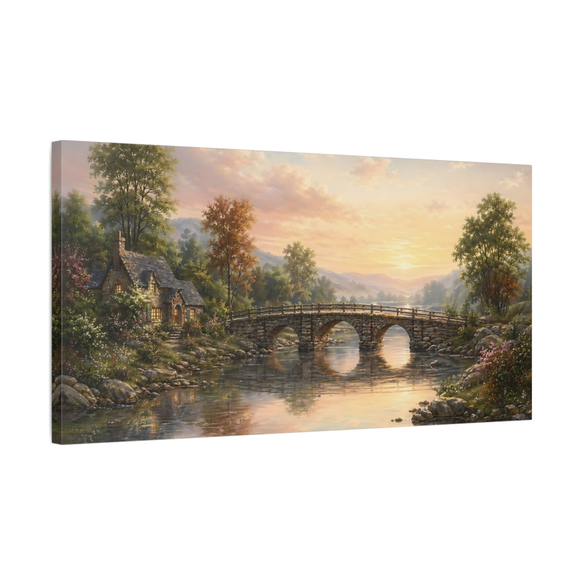 Side Mockup 1. Nature Stone Bridge Sunset River Landscape shown as stretched canvas wall art
