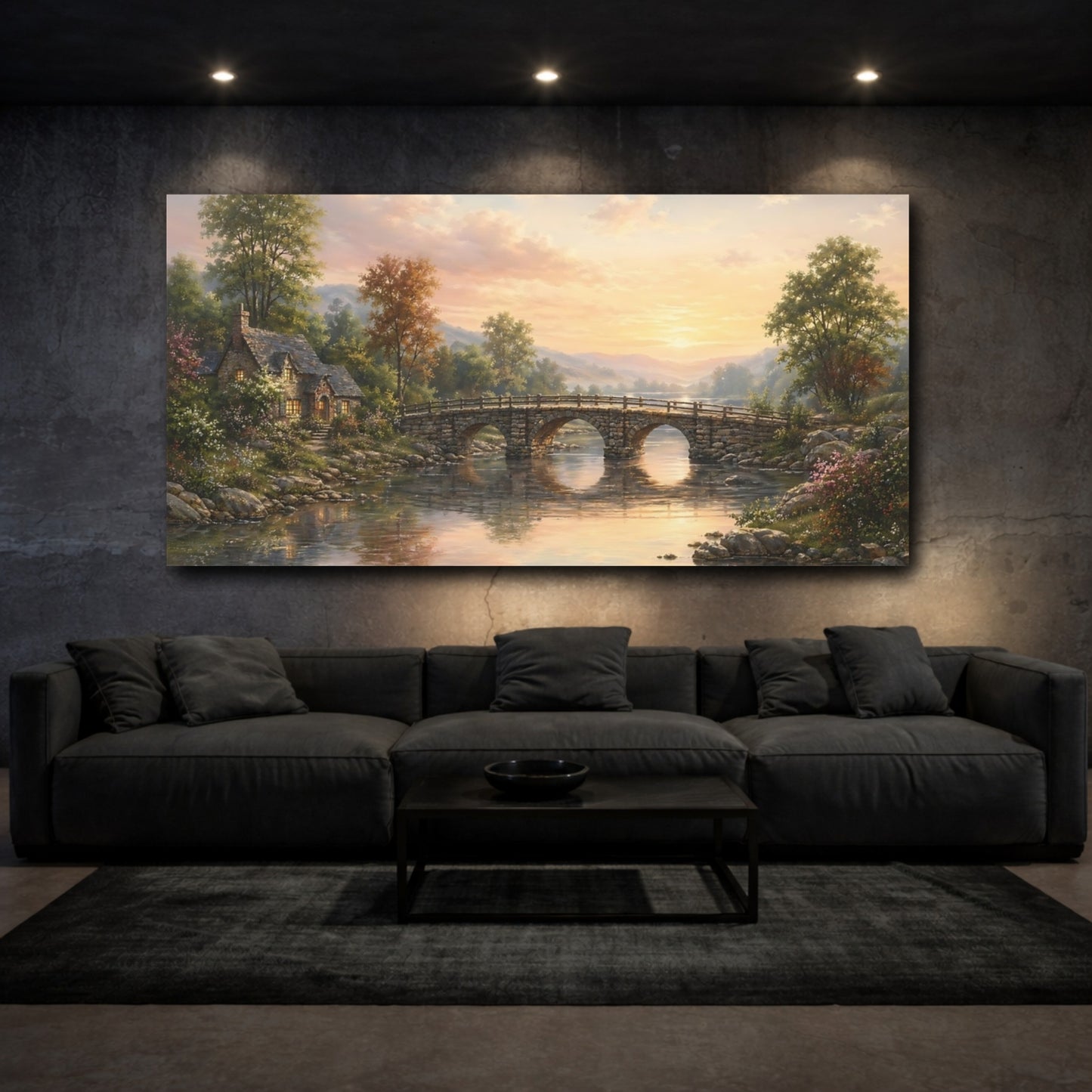 Mockup 2. Nature Stone Bridge Sunset River Landscape shown as stretched canvas wall art