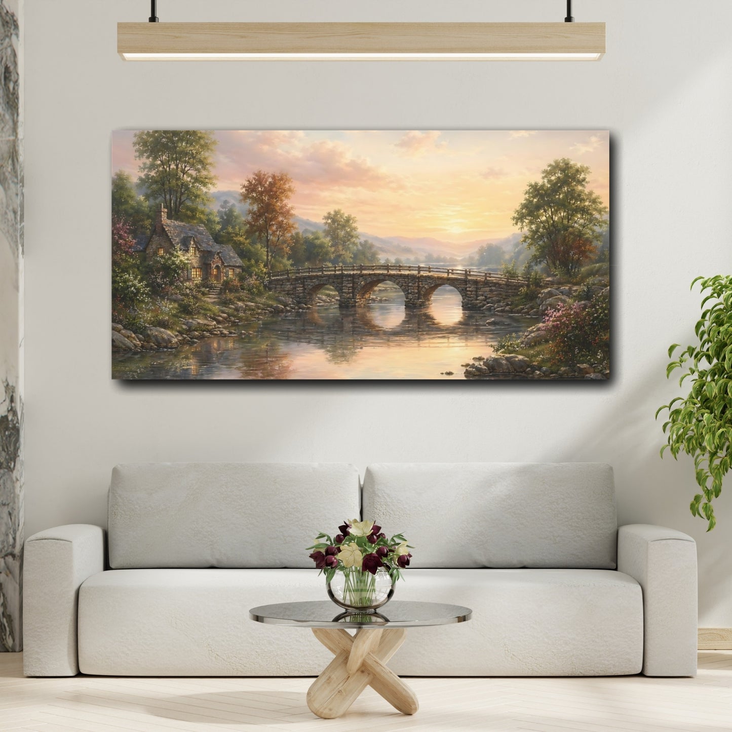 Mockup 3. Nature Stone Bridge Sunset River Landscape shown as stretched canvas wall art