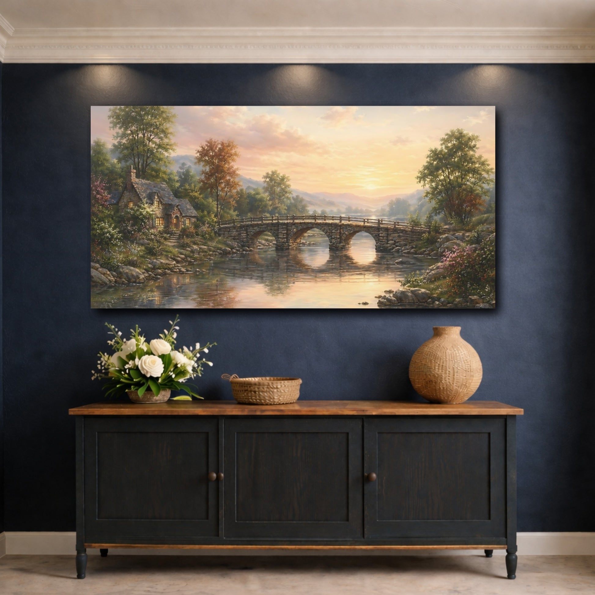 Mockup 4. Nature Stone Bridge Sunset River Landscape shown as stretched canvas wall art