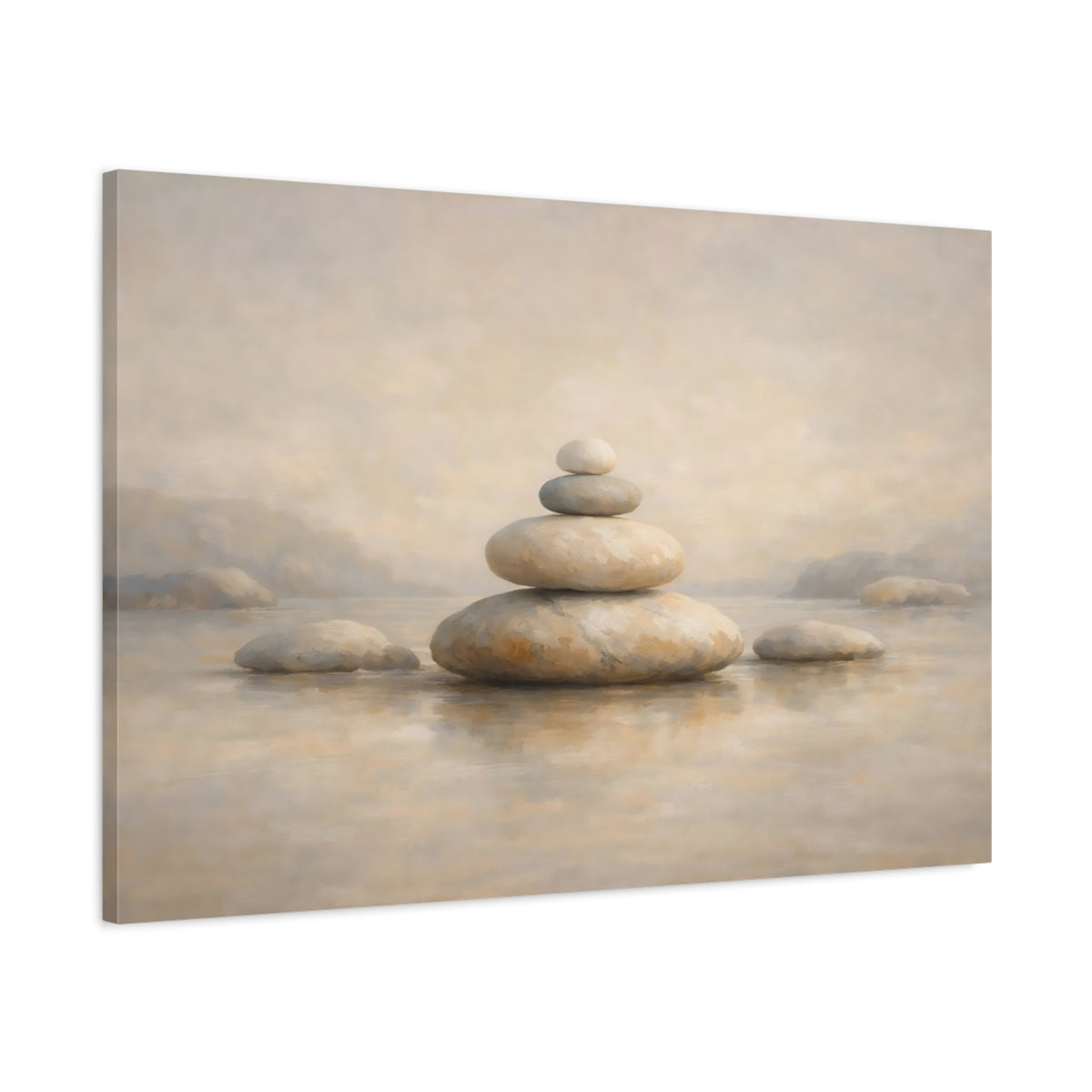 Side Mockup 1. Nature Stone Cairn Neutral Stone Stack shown as stretched canvas wall art