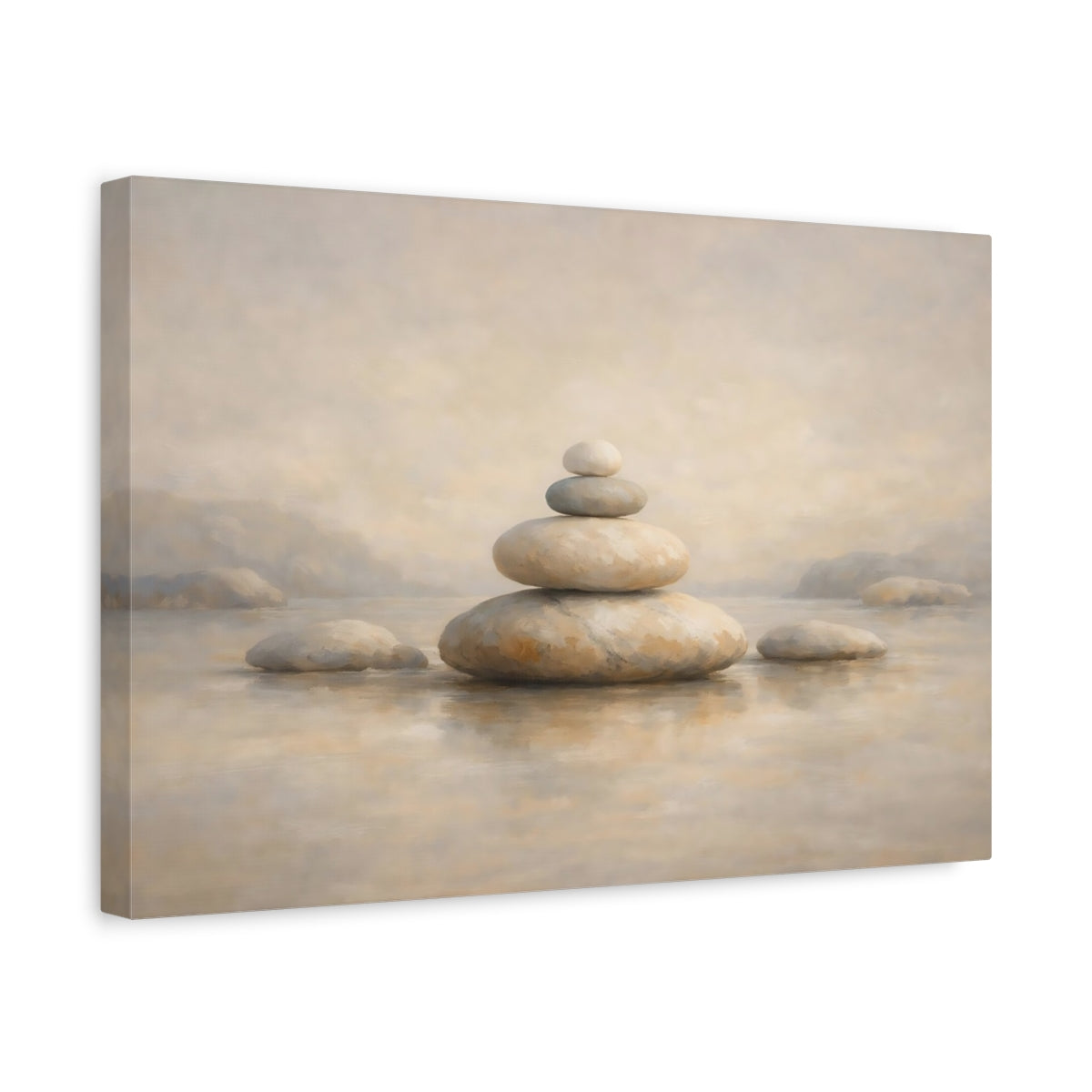 Side Mockup 4. Nature Stone Cairn Neutral Stone Stack shown as stretched canvas wall art