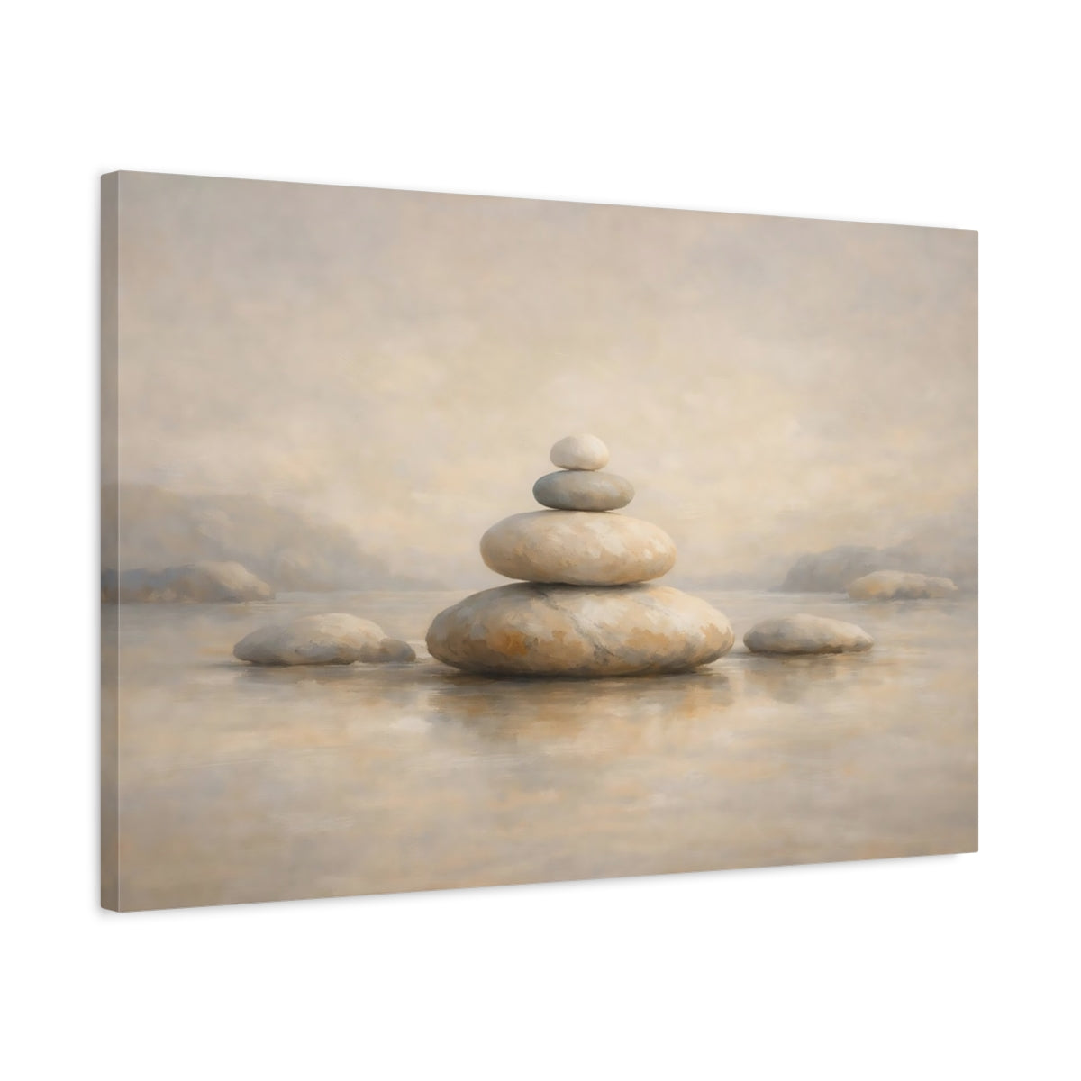 Side Mockup 2. Nature Stone Cairn Neutral Stone Stack shown as stretched canvas wall art