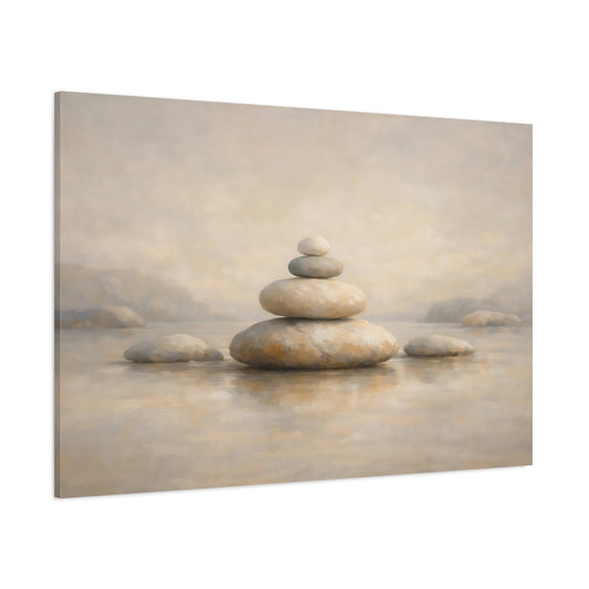 Main Mockup. Nature Stone Cairn Neutral Stone Stack shown as stretched canvas wall art
