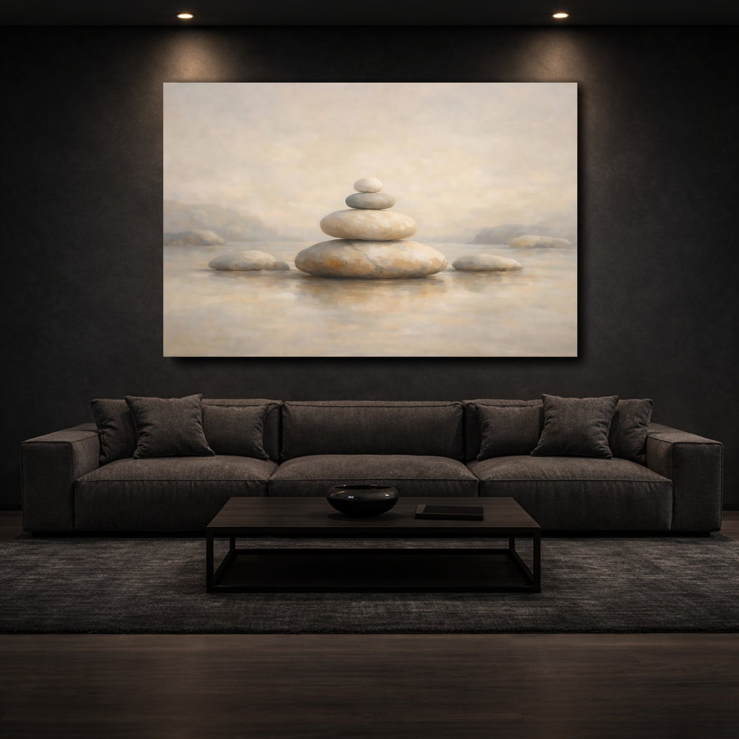 Mockup 2. Nature Stone Cairn Neutral Stone Stack shown as stretched canvas wall art